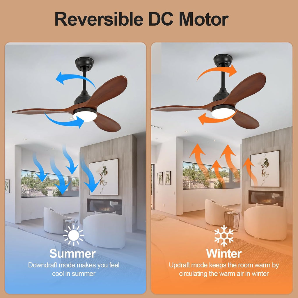 OKDNEG 42 Inch Ceiling Fans with Lights and Remote, 3 Wood Fan Blades Ceiling Fan,3CCT Dimmable,Timer,Quiet DC Motor,6 Speed,Indoor Outdoor Ceiling Fan for Offices Farmhouse Gazebo Patio