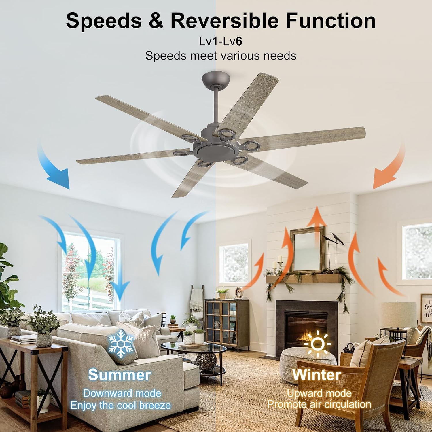 WINGBO Ceiling Fan no Light - 64 inch Ceiling Fan with Remote Control,6 Blades Modern Ceiling Fan, 6-Speed Noiseless Timer Powerful DC Motor, ETL Listed, Indoor/Outdoor,Charcoal gray +Light gray
