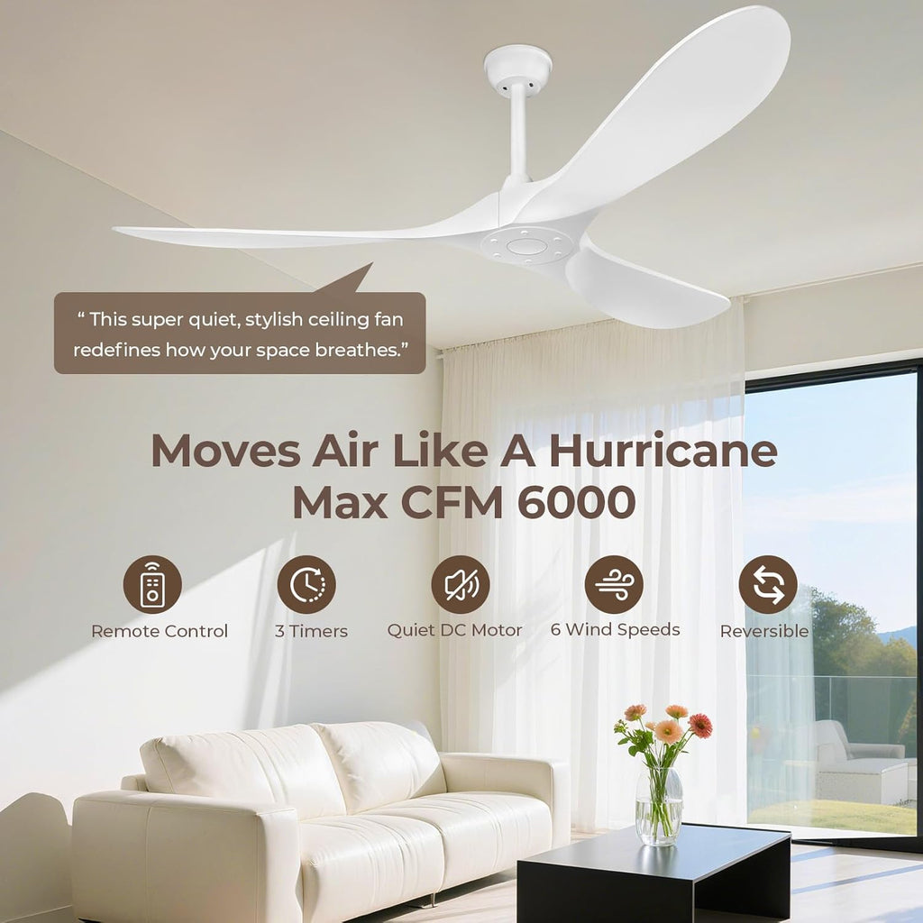 Obabala Ceiling Fan Without Lights,Outdoor Ceiling Fan with Remote, 6-Speed Adjustable Reversible DC Motor for Patio & Living Room (White, 52 in)