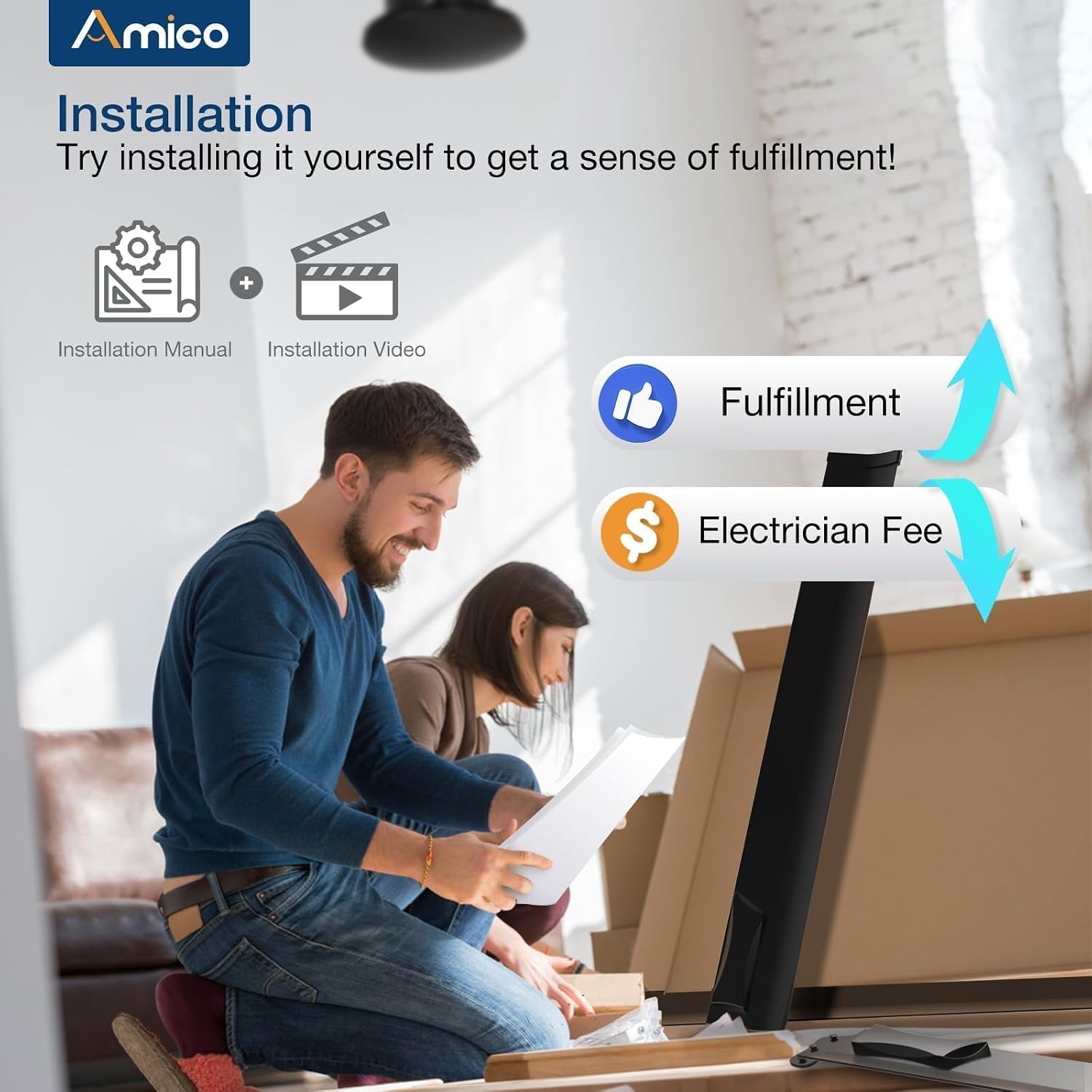 Amico 84 Inch Industrial Ceiling Fans Without Light, Indoor/Outdoor Ceiling Fan with Remote Control, Reversible, 6 Speeds, Noiseless, Black Ceiling Fan for Patio, Porch, Garage, Shop, Farmhouse