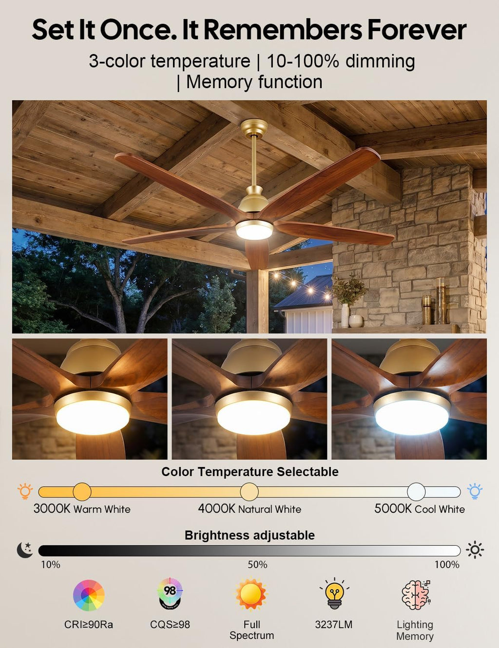 60 Inch Outdoor Ceiling Fan with Lights, Gold Brass Finish, 5 Solid Walnut Wood Blades, High CFM Quiet DC Motor, Modern Farmhouse Ceiling Fans, DampRated for Covered Patio Porch Gazebo Indoor Exterior