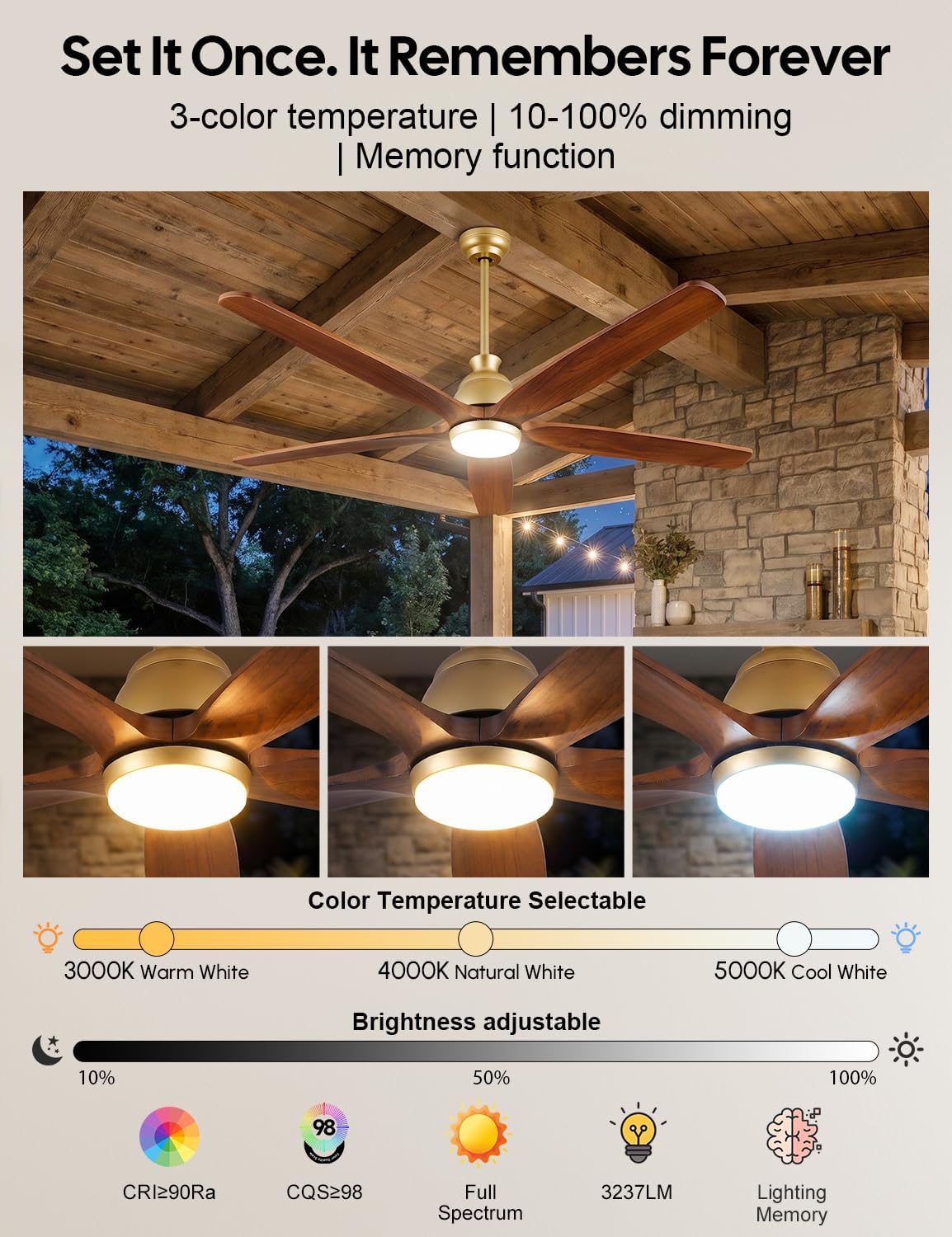 60 Inch Outdoor Ceiling Fan with Lights, Gold Brass Finish, 5 Solid Walnut Wood Blades, High CFM Quiet DC Motor, Modern Farmhouse Ceiling Fans, DampRated for Covered Patio Porch Gazebo Indoor Exterior