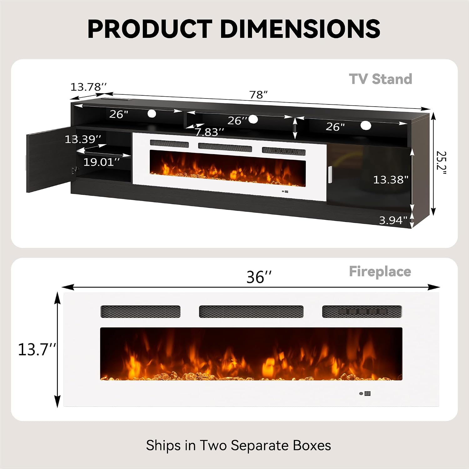 80' Fireplace TV Stand with Power Outlet, Electric Fireplace Entertainment Center with Storage Cabinets, Fits TVs up to 90', TV Console with LED Lights for Living Room, Office, Black-White