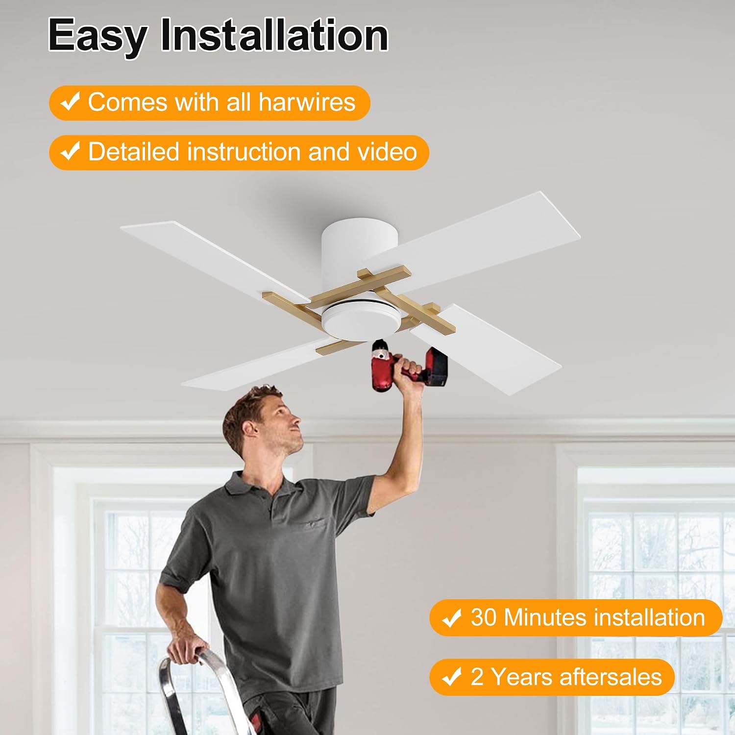 WINGBO 48 Inch Flush Mount Ceiling Fan without Light - 4 Plywood Blades, 6-Speed Reversible DC Motor, Noiseless Low Profile Ceiling Fan No Light for Bedroom Living Room, Gold and White
