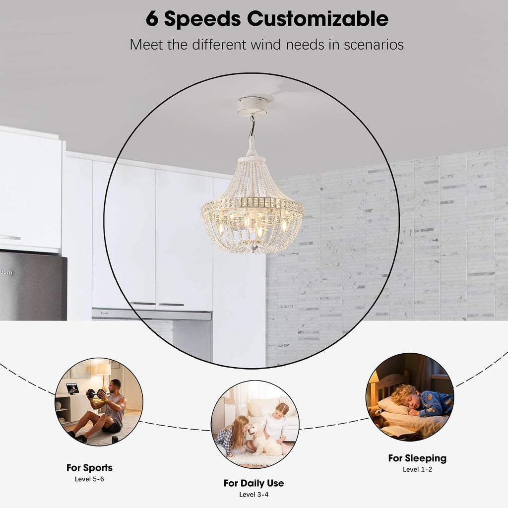 20' Modern Crystal Chandelier Ceiling Fan with Lights, Remote & App Control, 6 Speed, 8-Lights French Empire Fandelier, for Bedroom, Dining Room (Retro White)