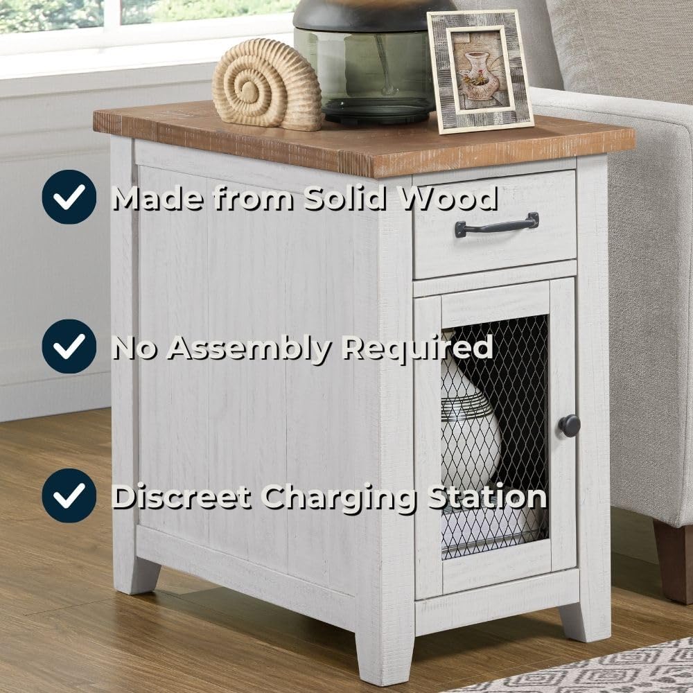 Martin Svensson Home Solid Wood White and Driftwood Rustic Chairside End Table with Power and Storage