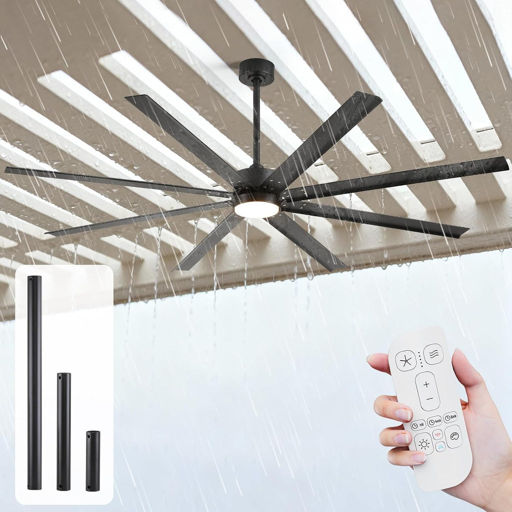 65 Inch All-Weather Outdoor Ceiling Fan with Light and Remote, IP65 Wet Rated, High CFM, 8 Large Black Waterproof Aluminum Blades, Energy Efficient Quiet DC Motor for Patio, Porch, Pergola, Garage
