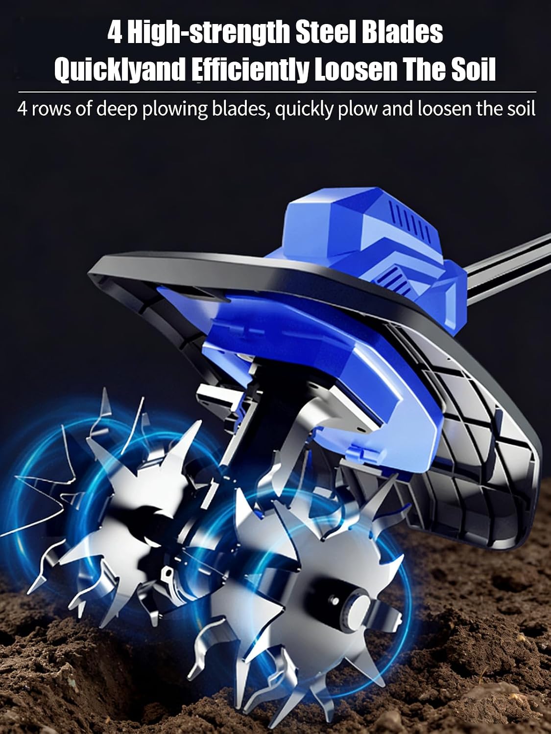 3-in-1 Soil Tiller,Electric Garden Rotavator ，With2 X 2600mahBattery, 4 Steel Blades, Foldable Cultivator Tool for Weeding and Loosening