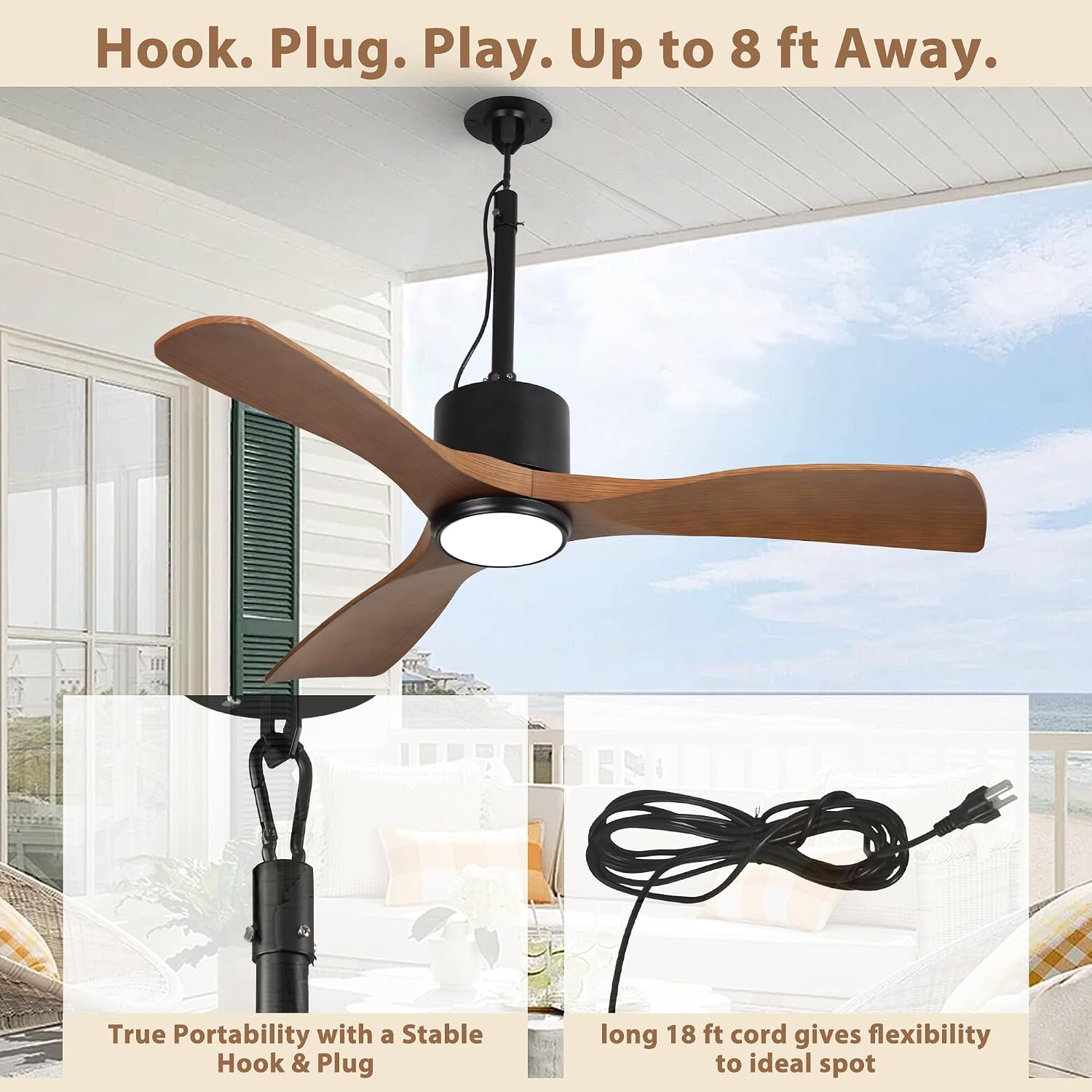42' Outdoor Ceiling Fan with Light & Remote - IP65 Waterproof Plug in Hanging Fan, 6-Speed Upgrade DC Motor, 1600LM Dimmable LED for Patio, Porch, Gazebo, Pergola,Brown