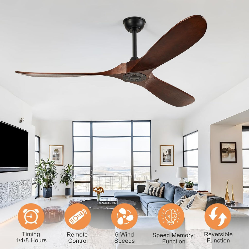 52-Inch Outdoor Ceiling Fan no Light, Walnut Wood Blades,Quiet Operation with Large Airflow,Outdoor Ceiling Fan without Light for Bedroom,Living Room,Porch. (Dark Walnut, 52 inch)