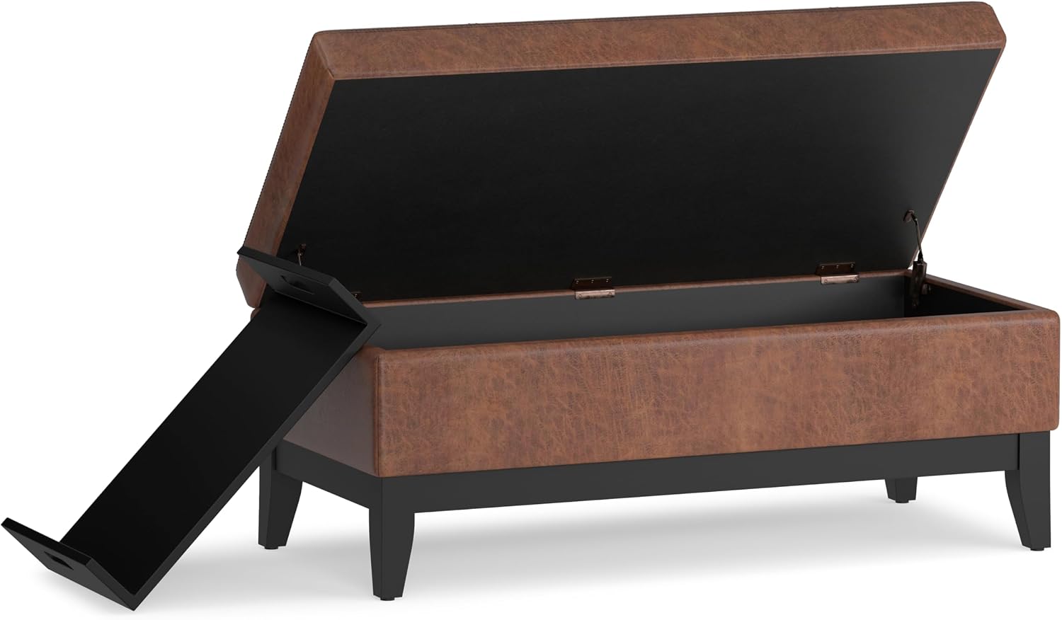 SIMPLIHOME Oregon Storage Ottoman Bench with Tray - 42 inch Wide Vegan Leather Rectangle Storage Ottoman Bench in Distressed Saddle Brown, Transitional Tufted Ottoman for Living Room with Lift-Up Lid