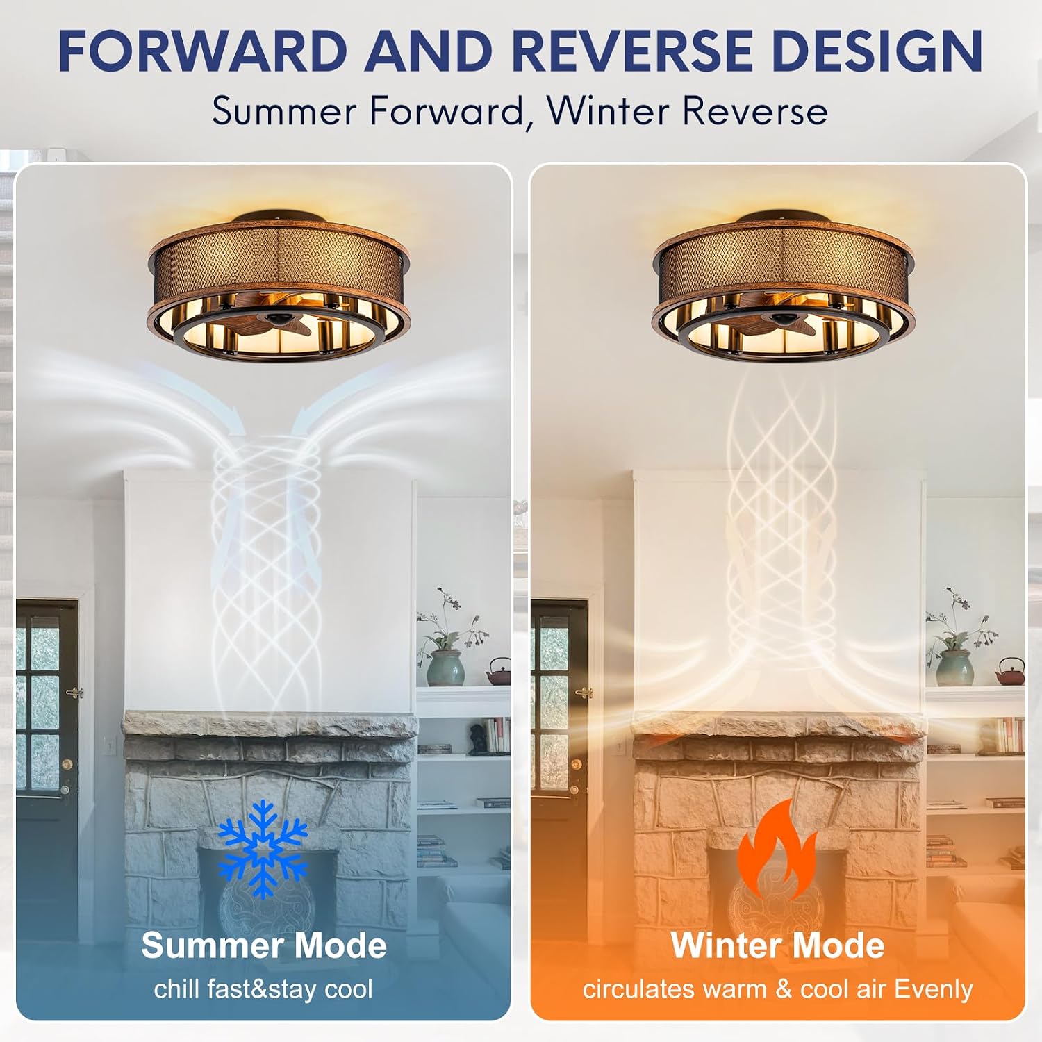 20 Inch Ceiling Fans with Lights, Flush Mount Ceiling Fan with 6 Speeds, Ultra Quiet Modern Fandelier for Bedroom, Living Room, Indoor,Ourdoor Use(Dark Walnut)