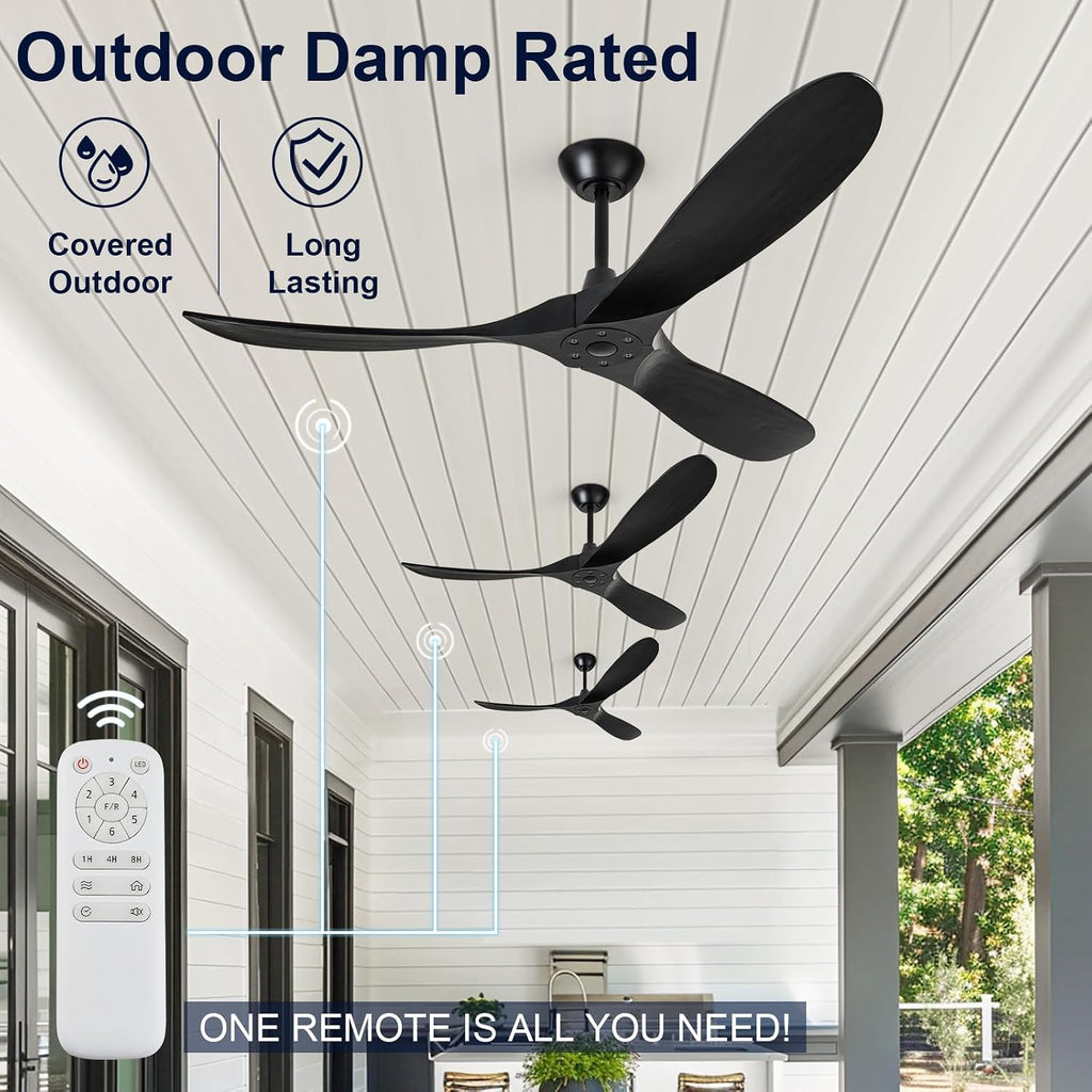 52' Ceiling Fans without Lights, Ceiling Fan no Light with 3 Blades, Solid Wood Ceiling Fan with Remote Control and DC Motor, Indoor Outdoor Ceiling Fans for Patios-Black
