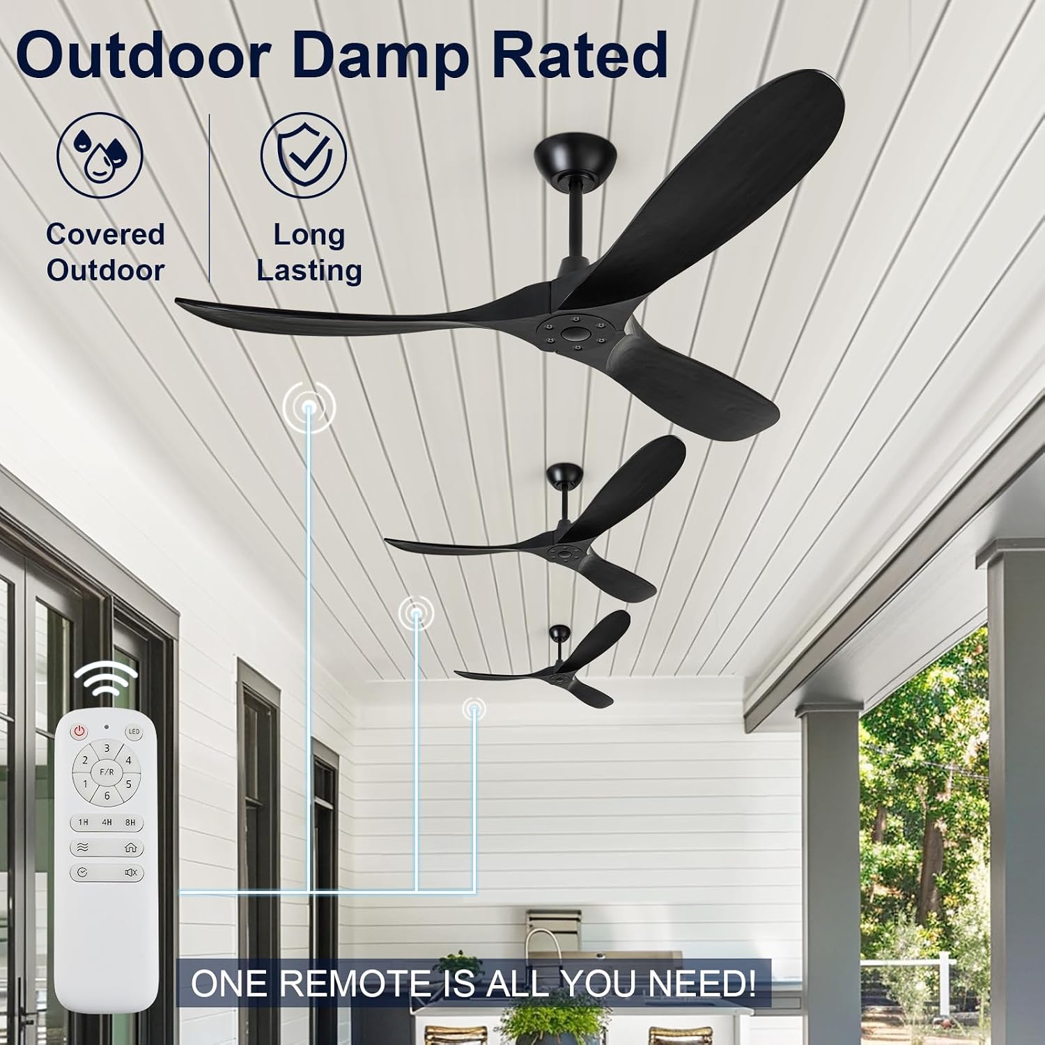 52' Ceiling Fans without Lights, Ceiling Fan no Light with 3 Blades, Solid Wood Ceiling Fan with Remote Control and DC Motor, Indoor Outdoor Ceiling Fans for Patios-Black