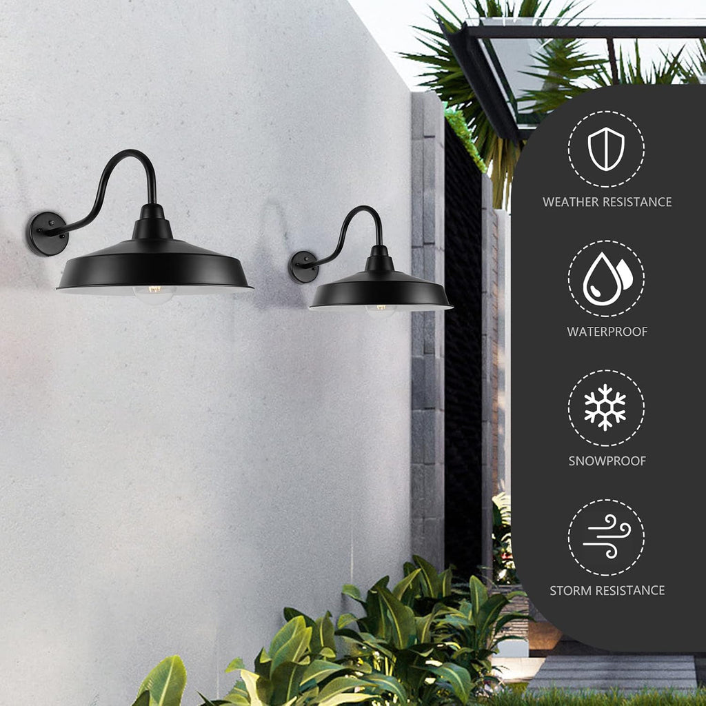 Dusk to Dawn Barn Light Outdoor, 16 Inch Dome Large Farmhouse Exterior Light Fixture Wall Mount, Industrial Outdoor Wall Sconce Outside for House, Shop, Porch, Garage, Black, 2 Pack