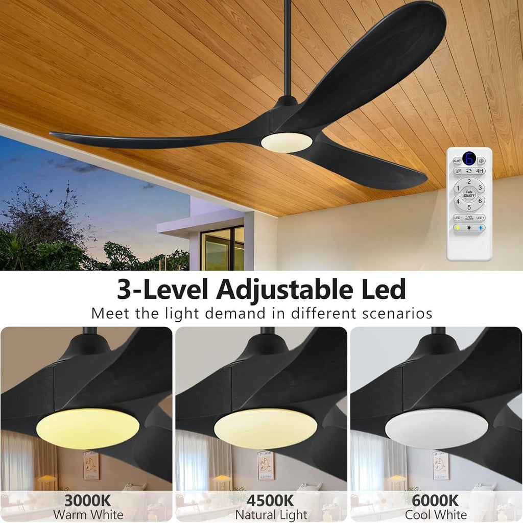 ABZ 52 Inch Ceiling Fans with Lights and Remote Control, Wood Outdoor Ceiling Fan with light 3 Blades Propeller Black Ceiling Fan for Indoor Patios Bedroom Garage ETL Listed, Matte Black