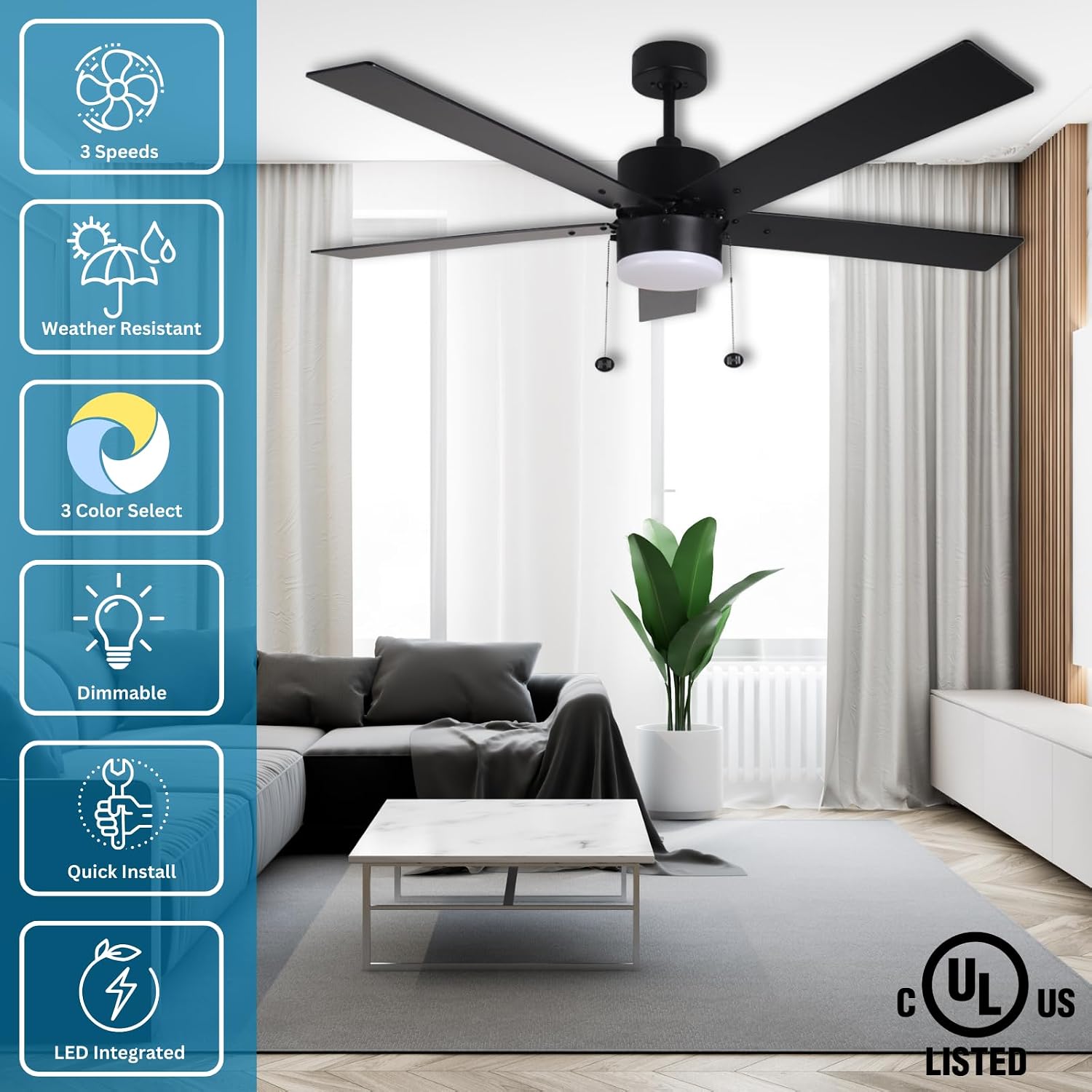 54 Inch Ceiling Fan with LED Light Matte Black Indoor/Outdoor Ceiling Fan with Pull Chain Dimmable 3-Color Temperature 3000K 4000K 5000K Reversible Motor for Bedroom Living Room Patio