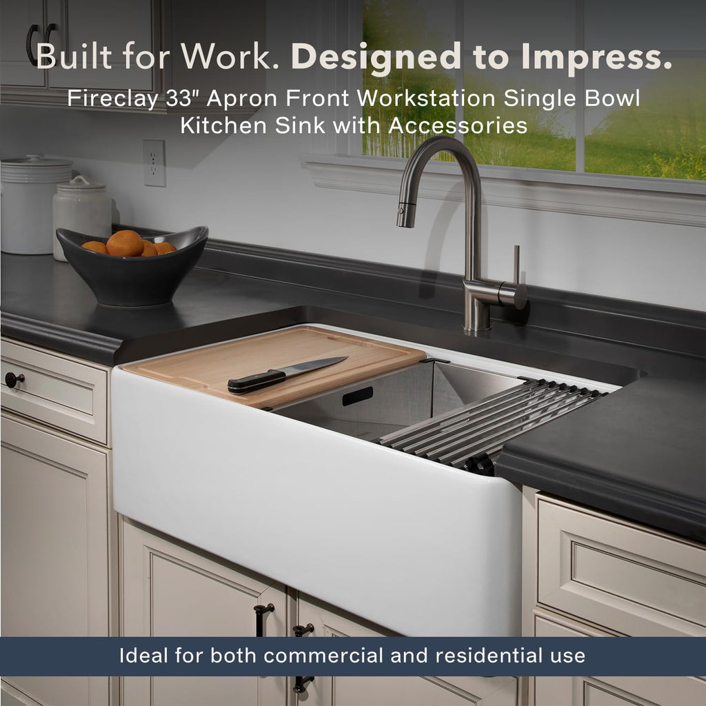 Houzer Aspire White Fireclay Workstation Sink: 33 Inch Farmhouse Apron Front Single Bowl with Accessories, Durable & Versatile, Essential for Home & Apartment: PTW-3320S WH