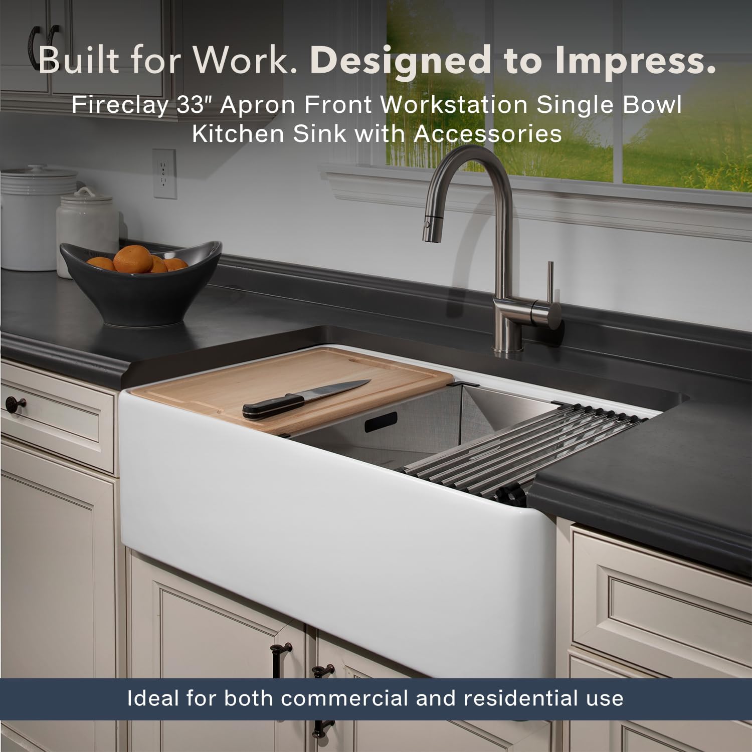 Houzer Aspire White Fireclay Workstation Sink: 33 Inch Farmhouse Apron Front Single Bowl with Accessories, Durable & Versatile, Essential for Home & Apartment: PTW-3320S WH