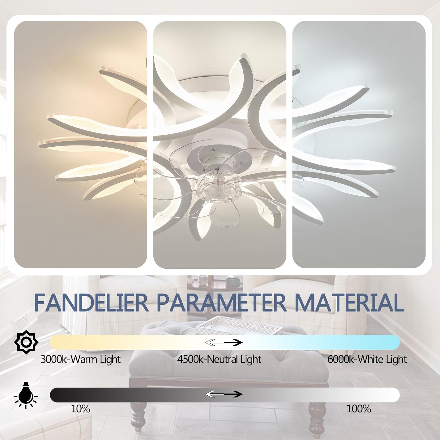 Dimmable LED Ceiling Fan with Light Alexa Compatible 6-Speed Reversible for Bedroom & Living Room Modern Design Timer Memory Function Energy Efficient (White Remote Control+APP)