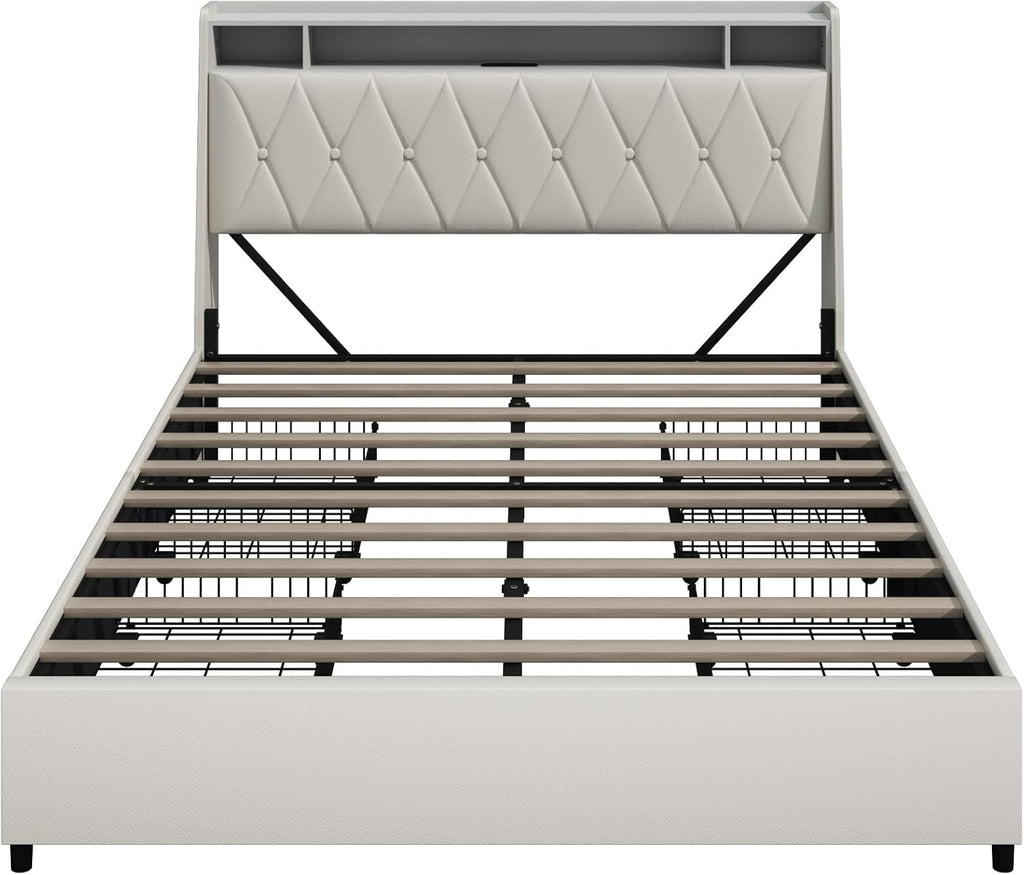 Christopher Knight Home Manley Faux Leather Full Size Bed Frame with Ergonomic Headboard,Platform Bed Frame with Outlets&Charger,Metal&Wood Frame,Storage Shelf, Noise-Free,No Box Spring Needed, White