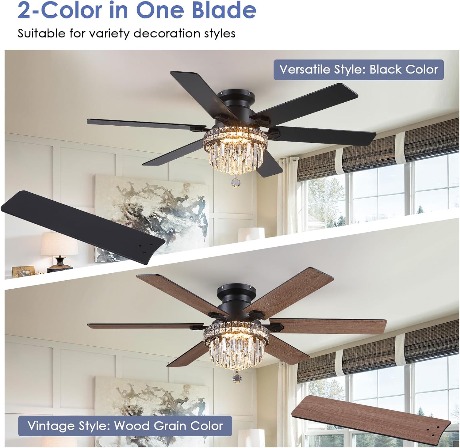 Asyko Crystal Ceiling Fan Fandelier with Lights - 52' Outdoor Fans with Remote Control，Crystal Ceiling Fans Noiseless DC Motor, Retro/Farmhouse Lighting, Dining Room,Living Room