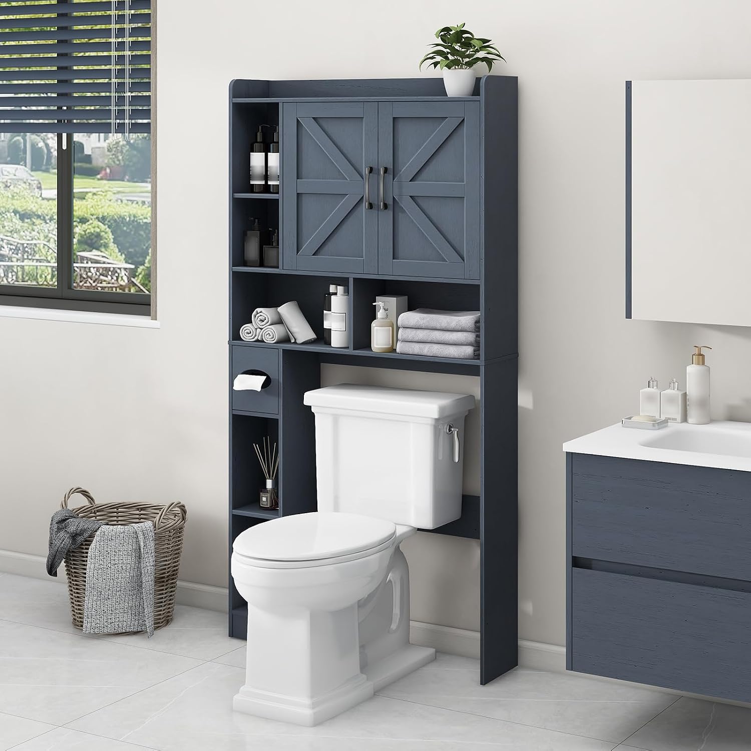 Vabches Over The Toilet Storage Cabinet, Farmhouse Storage Cabinet Over Toilet with 2 Barn Door & Toilet Paper Holder Stand，Home Space-Saving Toilet Rack, for Bathroom, Restroom, Laundry,Blue