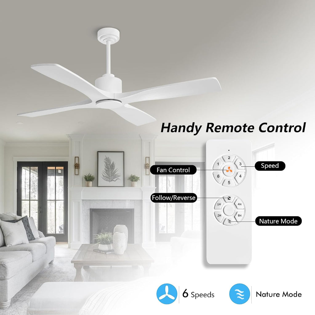 WINGBO 48' DC Ceiling Fan without Lights, 4 Carved Solid Wood Blades, 6-Speed Noiseless Reversible DC Motor, Modern Ceiling Fan No Light with Remote, Gloss White Finish with White Blades, ETL Listed