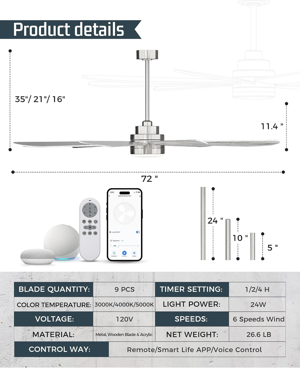 72 inch Large Ceiling Fans with Lights, Modern Ceiling Fan with Voice Control for Kitchen Living Room, 9 Blades Dual Nickel & White Walnut Ceiling Fan with Remote, CF03-BN
