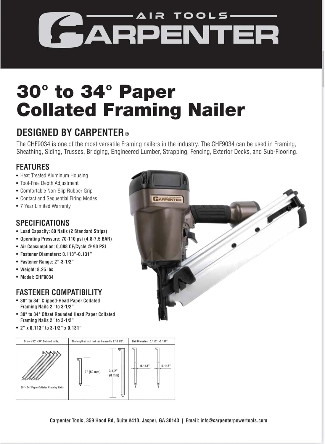 CHF9034 30-34 Degree Paper Collated Framing Nailer with 7 Year Warranty
