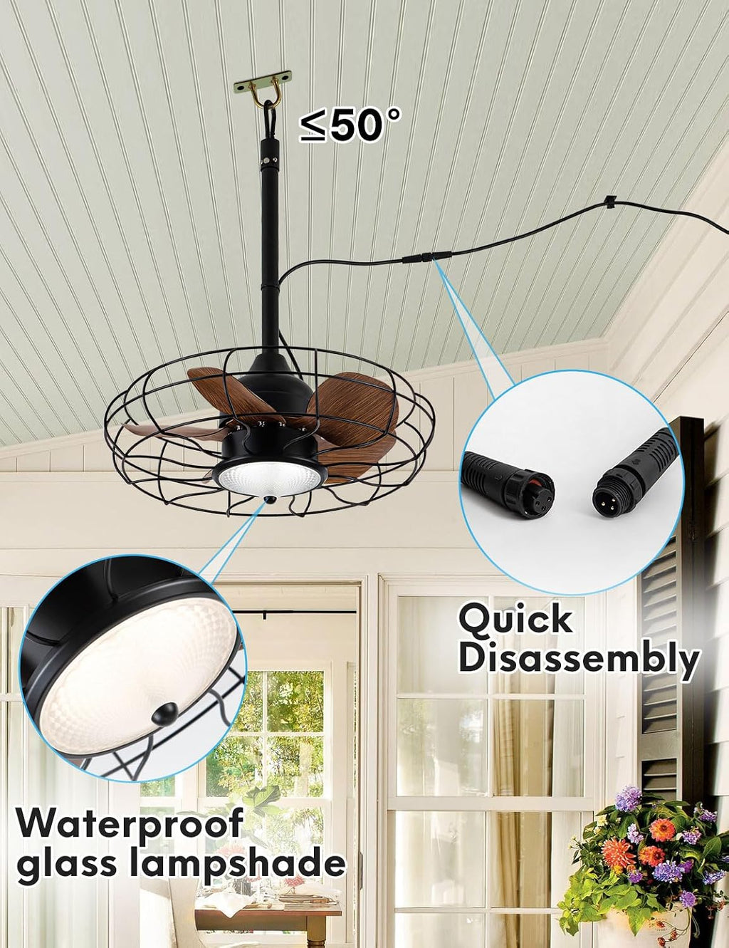 EKIZNSN 20' Outdoor Gazebo Ceiling Fans for Patios Waterproof, Wet Rated Plug in Ceiling Fan with Light, Hook Installation