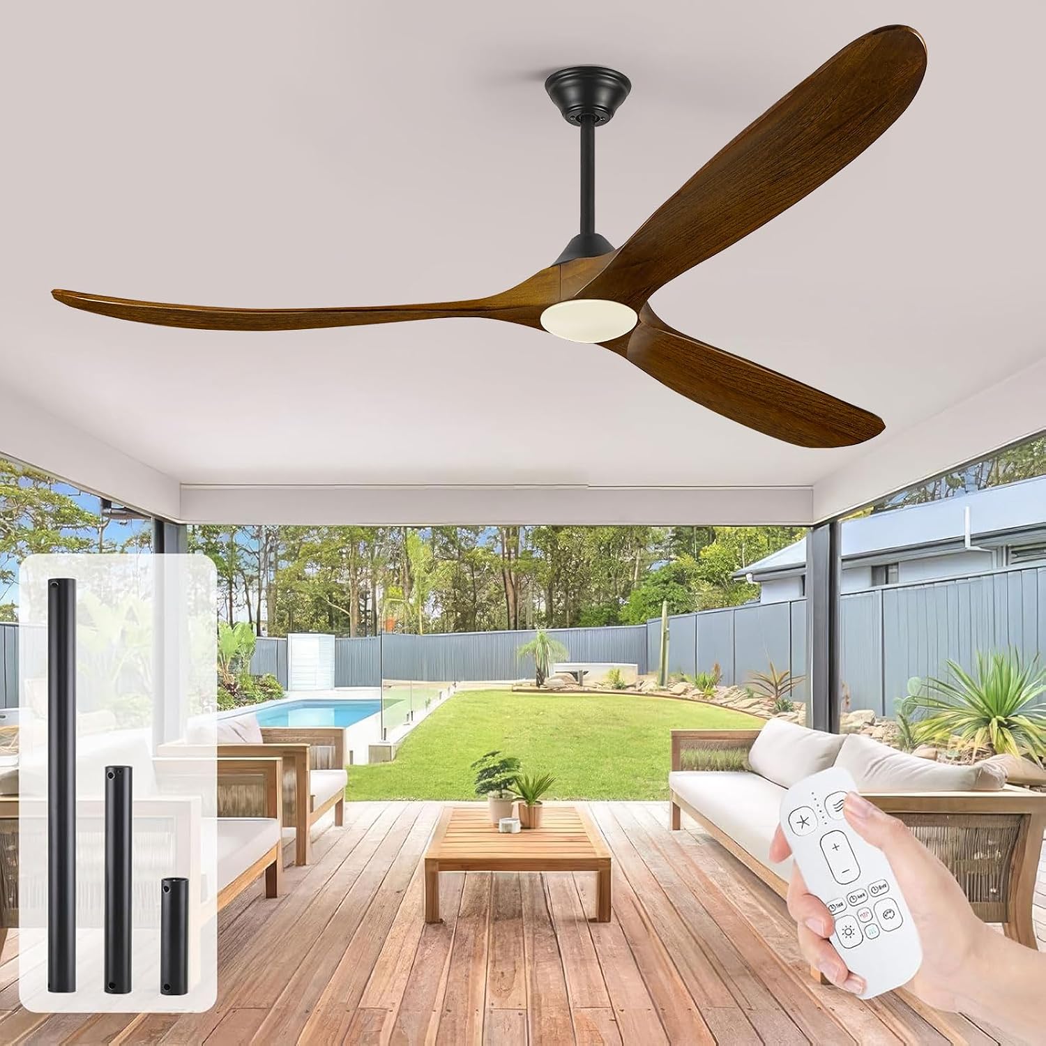 70 Inch Large Wood Ceiling Fans with Lights, Rustic Farmhouse Indoor Outdoor Ceiling Fans with Reversible Quiet DC Motor, 8H Timer, Dimmable, 3 Blades Propeller Fans for Living Room Patios
