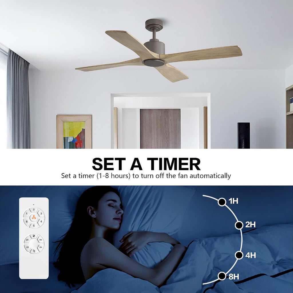 WINGBO 54 Inch DC Ceiling Fan without Lights, 4 Carved Solid Wood Blades, 6-Speed Noiseless Reversible DC Motor, Modern Ceiling Fan No Light with Remote, Graphite Finish with Gray Blades, ETL Listed