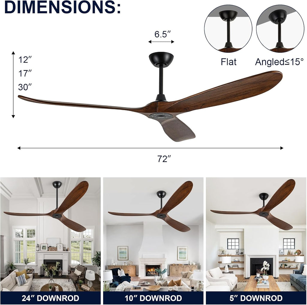72 inch Ceiling Fans Without Lights, Large Ceiling Fan no Light, Wet Rated Outdoor Ceiling Fans for Patios Outside Porch, High CFM speed DC Motor, 3 Blade Walnut Wood Ceiling Fan with Remote