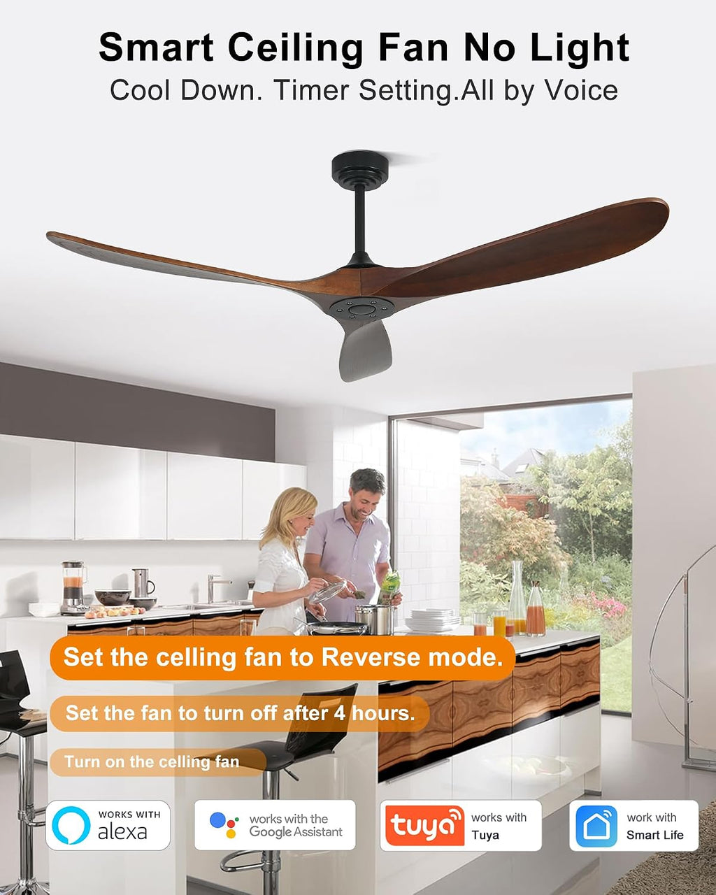 60' Wood Ceiling Fan no Light, Smart Ceiling Fans without Lights with Alexa Google App, Indoor Outdoor Ceiling Fan no Light for Bedroom Porch Modern Propeller 3 Blade High CFM Motor,Red Walnut