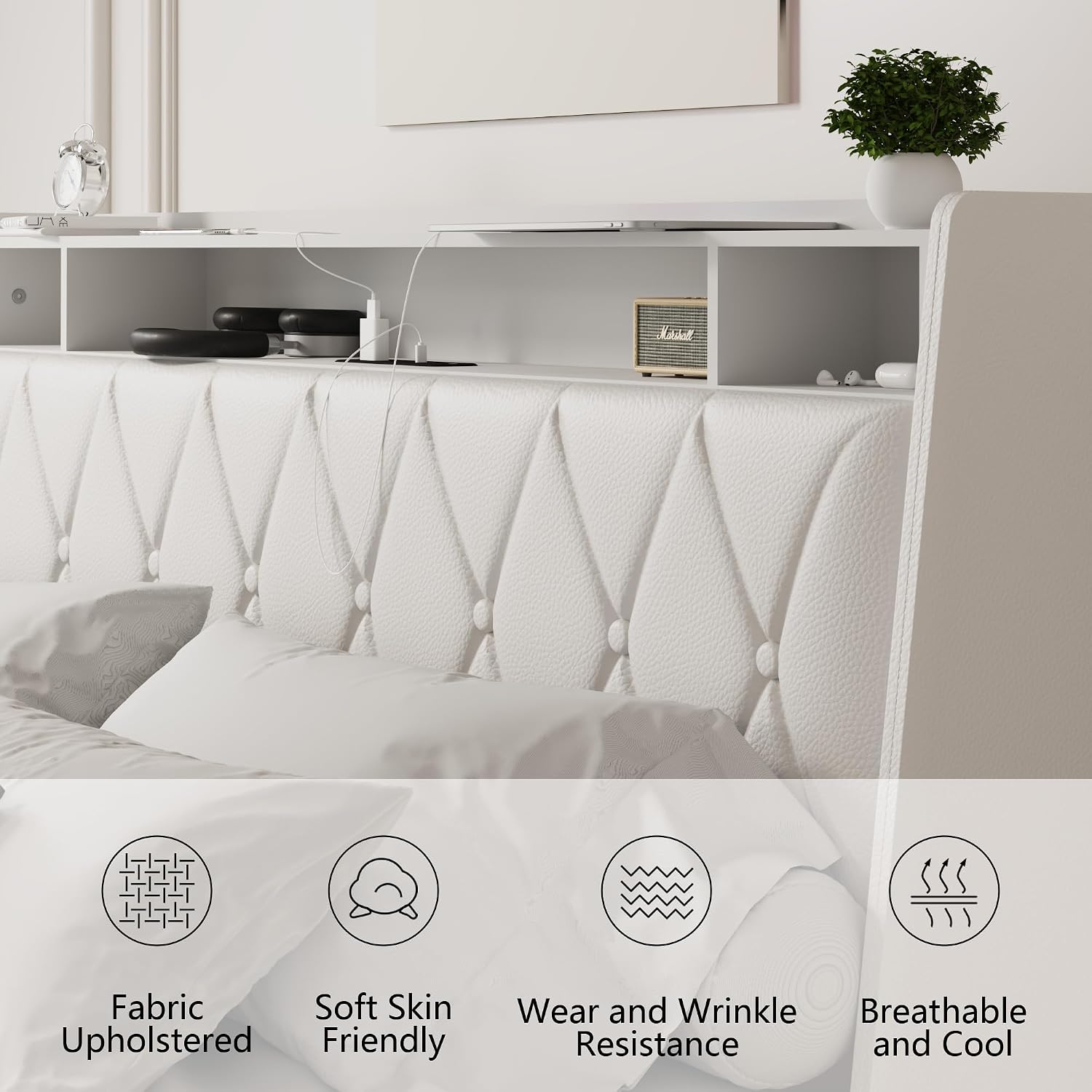 Christopher Knight Home Manley Faux Leather Full Size Bed Frame with Ergonomic Headboard,Platform Bed Frame with Outlets&Charger,Metal&Wood Frame,Storage Shelf, Noise-Free,No Box Spring Needed, White