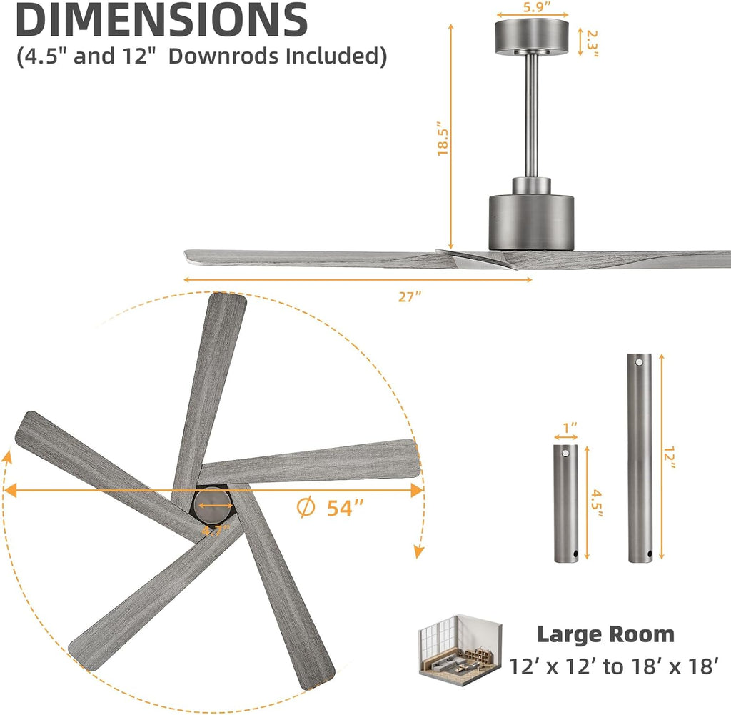 WINGBO 54' ABS DC Ceiling Fan No Light, 5 Blade Wood Grain ABS Ceiling Fan with Remote, 6-Speed Reversible DC Motor, Ceiling Fans without Light for Kitchen Bedroom Living Room, Antique Nickel and Grey