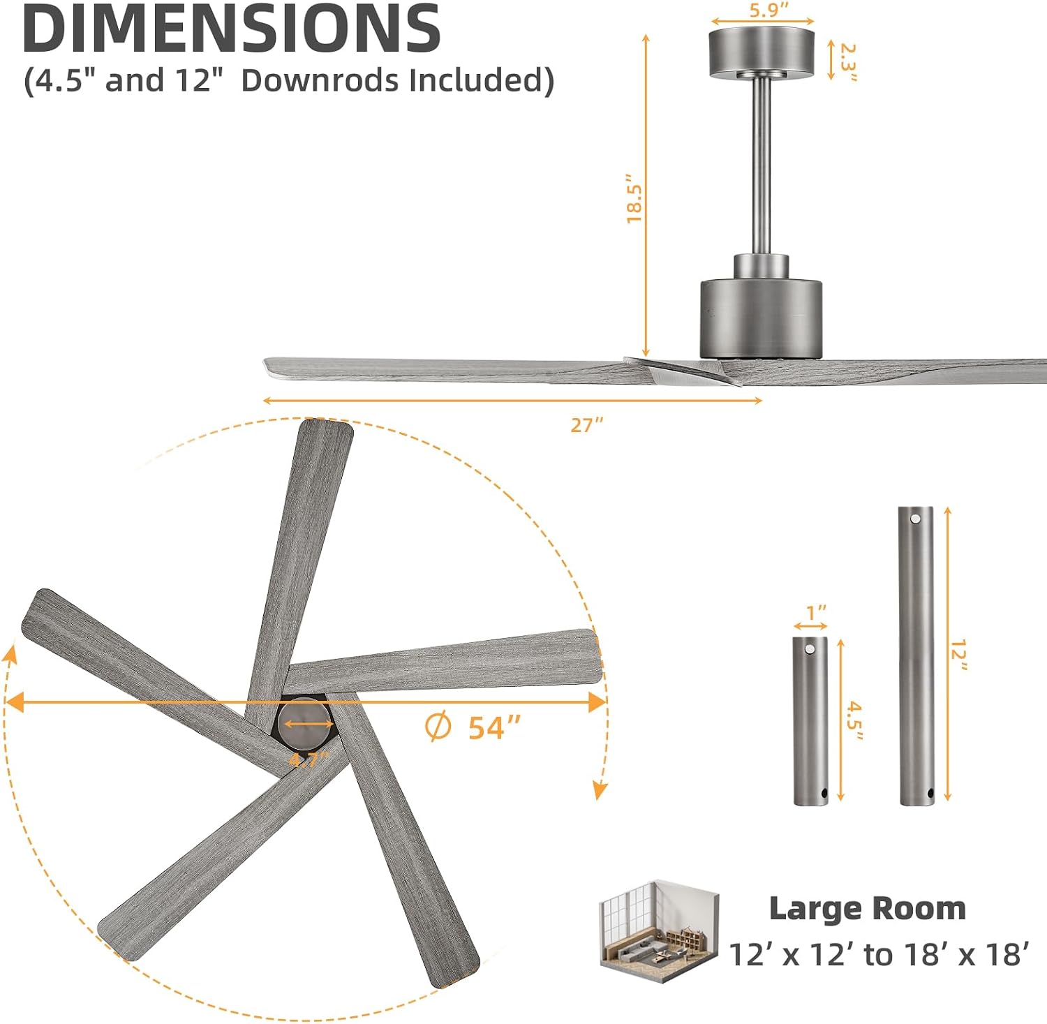 WINGBO 54' ABS DC Ceiling Fan No Light, 5 Blade Wood Grain ABS Ceiling Fan with Remote, 6-Speed Reversible DC Motor, Ceiling Fans without Light for Kitchen Bedroom Living Room, Antique Nickel and Grey