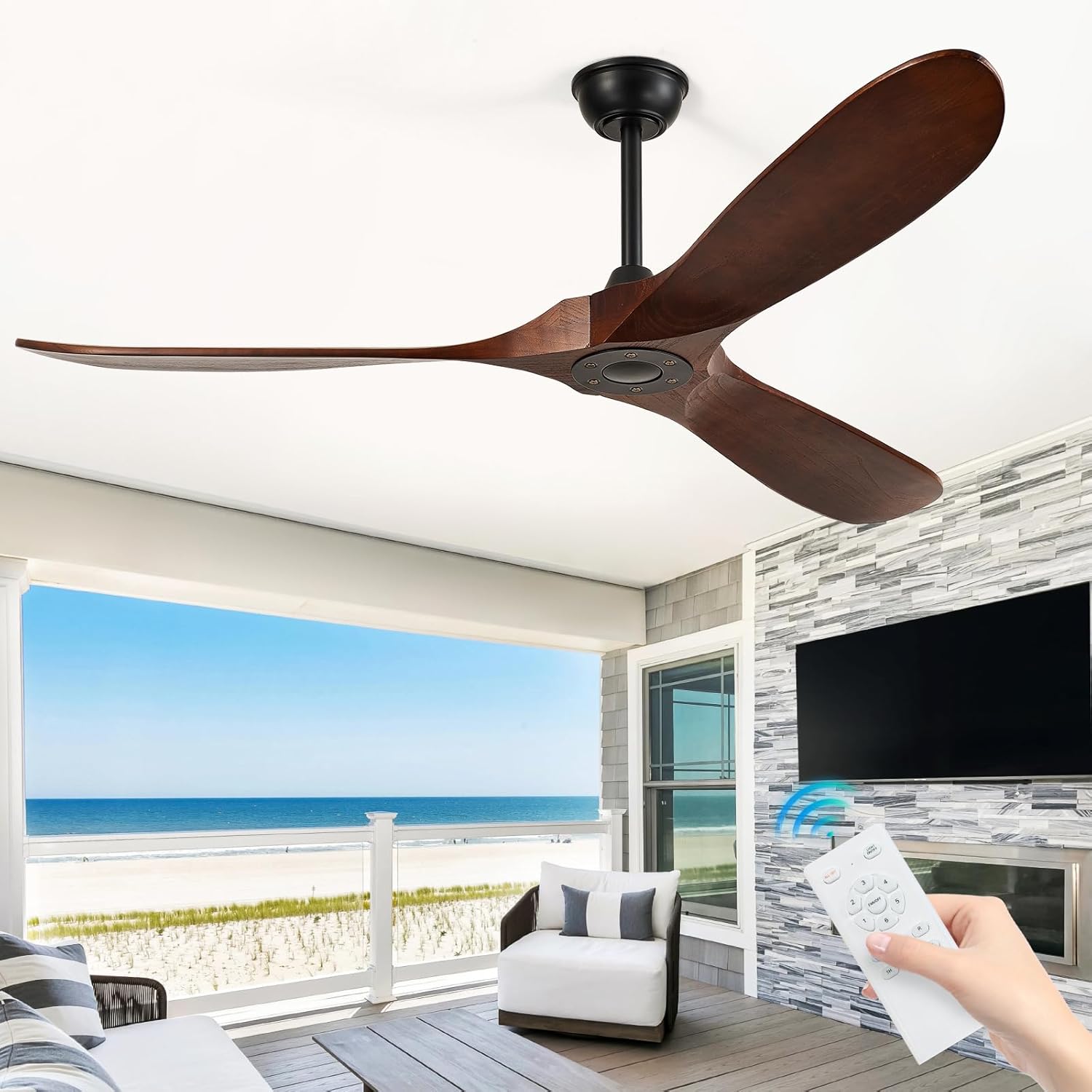 Outdoor Ceiling Fan No Light,Wood Propeller with Large Airflow,Quiet and Speed Memory,60 Inch Ceiling Fan without Light for Living Room,Garage,Porch. (Dark Walnut, 60 inch)