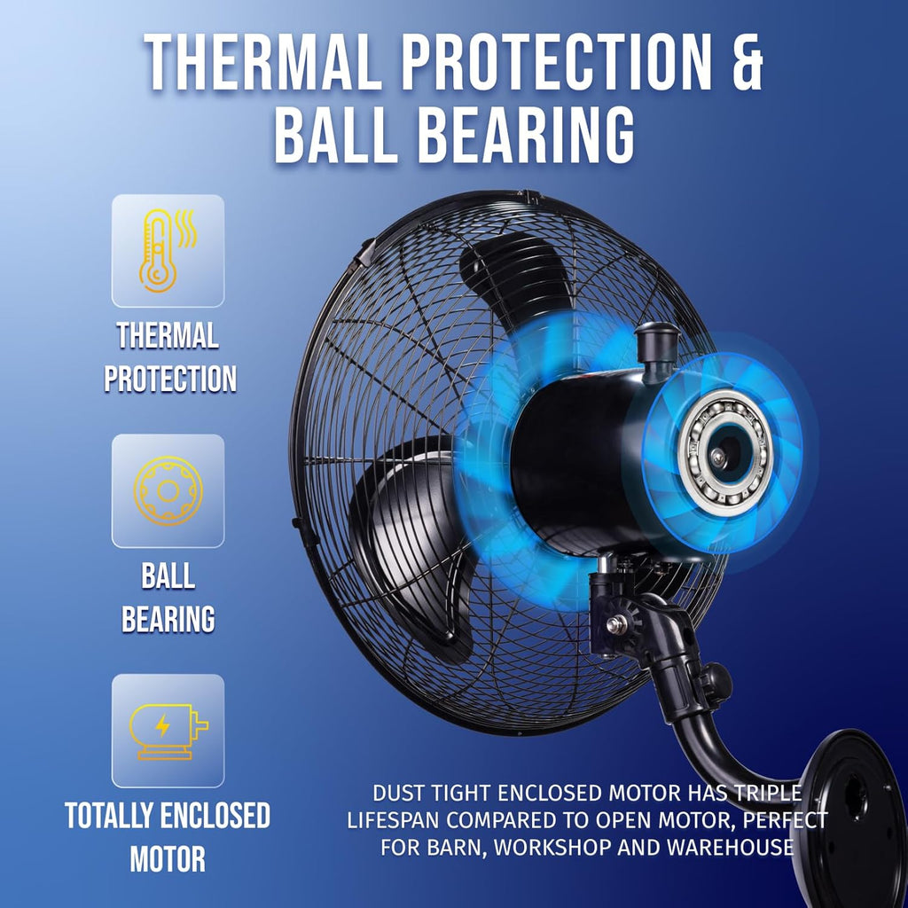 Tornado 16 Inch Pro Series Waterproof Outdoor Oscillating Wall Mount Fan - High Velocity Heavy Duty Metal Wall Mount Fan for Industrial, Commercial, Residential, and Greenhouse Use - UL Safety Listed