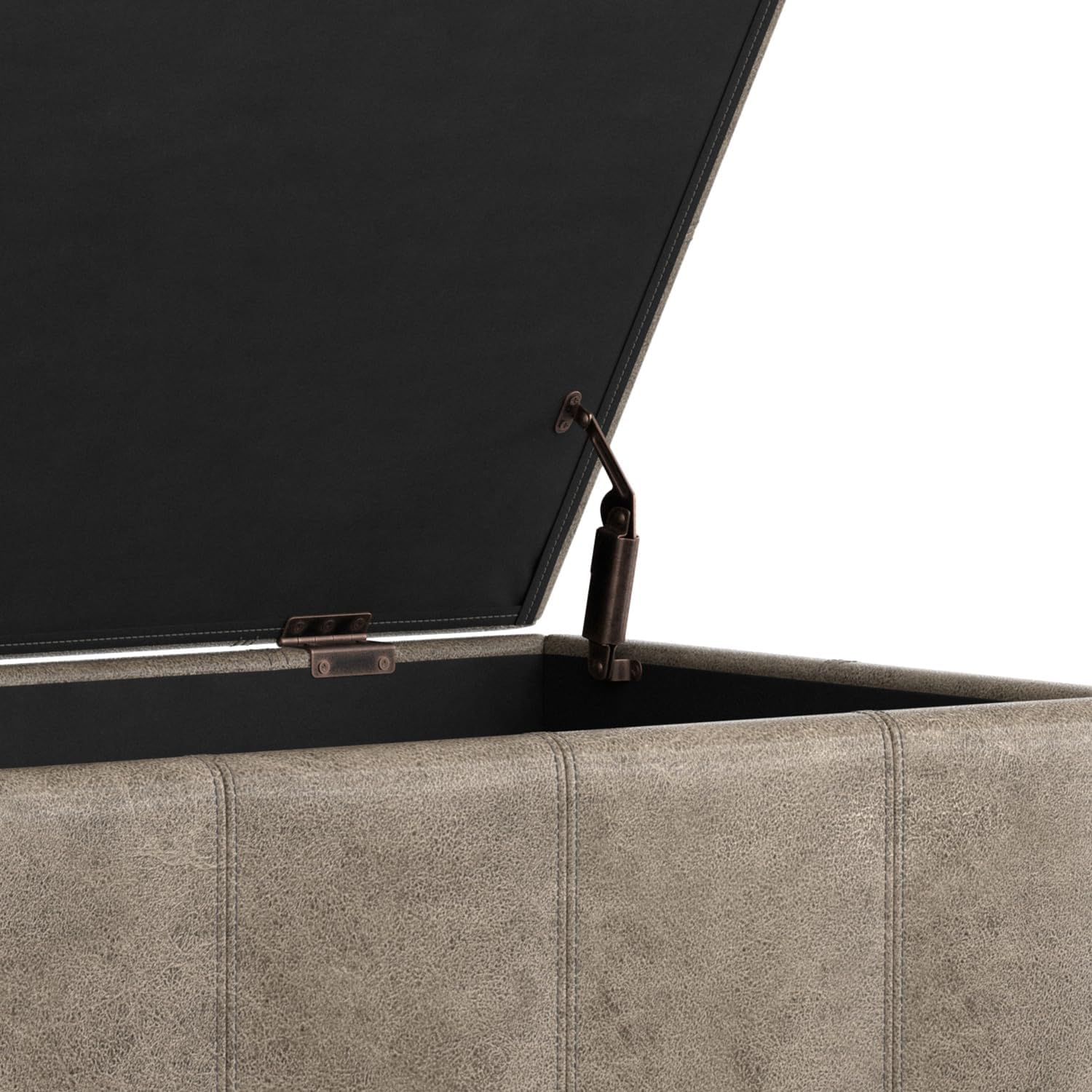 SIMPLIHOME Dover Storage Ottoman Bench - 36 inch Wide Upholstered Vegan Leather Rectangular Lift-Top Ottoman in Distressed Smoky Grey Brown, Contemporary Bench for Living Room with Safety Hinges