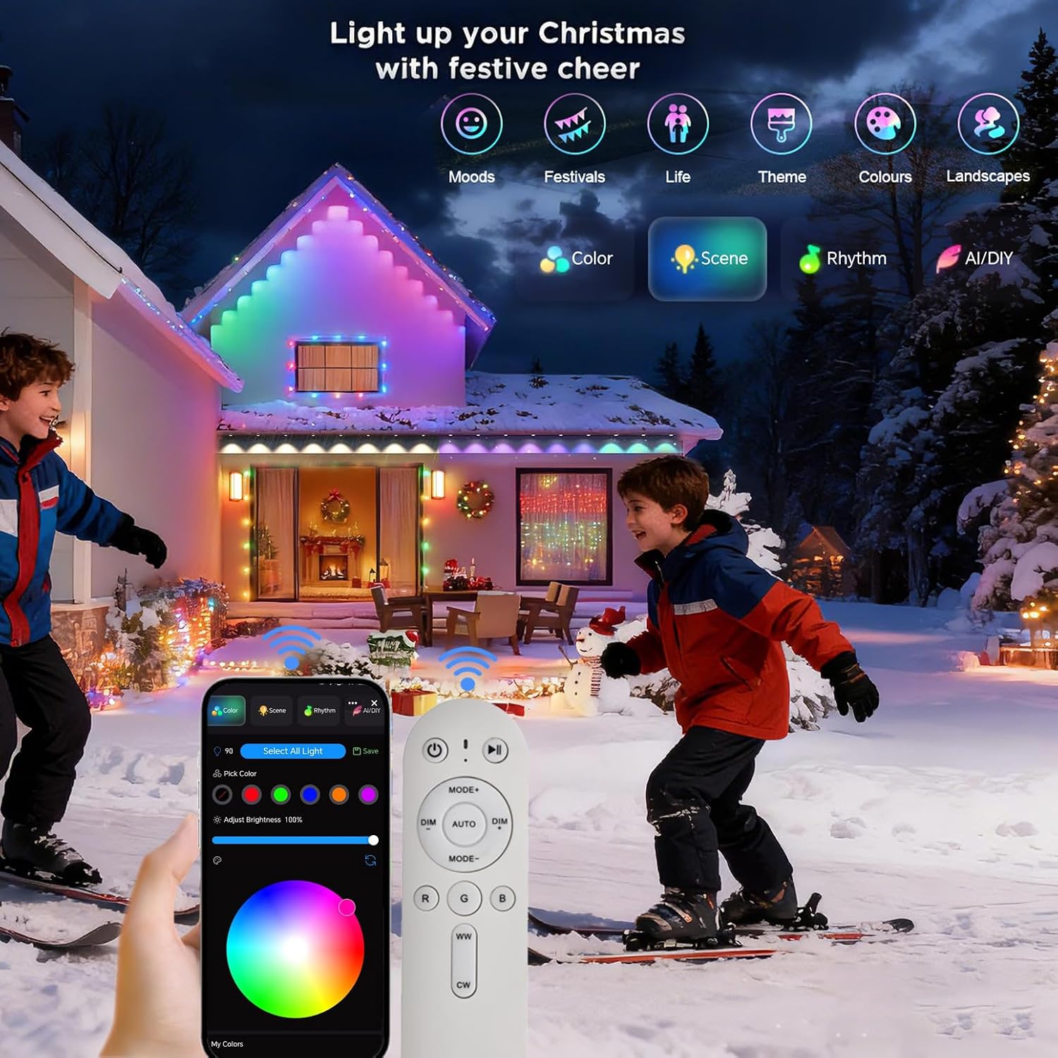 Rosykite Outdoor Christmas Lights - 50ft Smart RGB+IC Color Eaves Lights with 63 Scene, IP67 Waterproof, Alexa & Google Assistant Voice Control