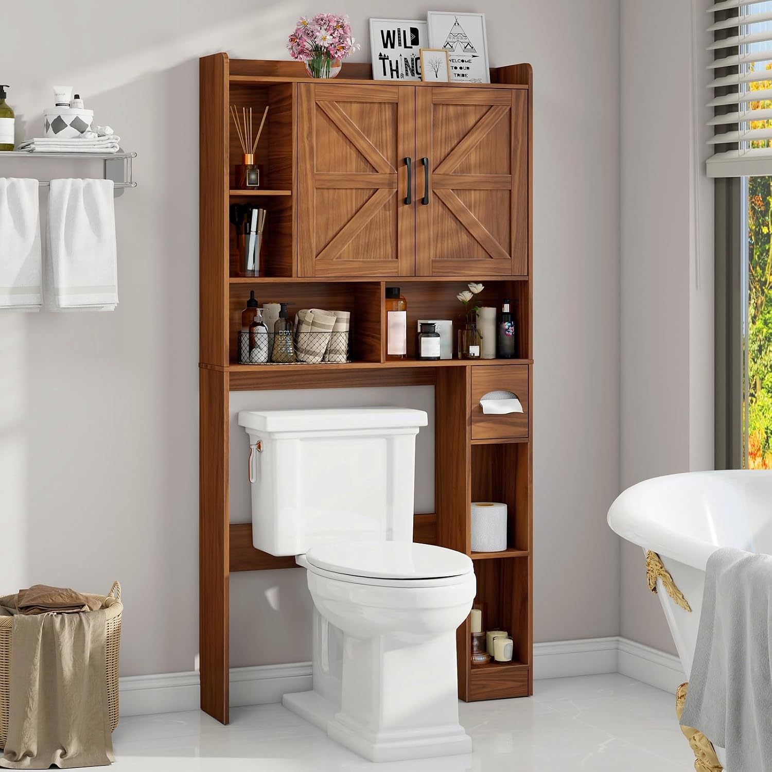 Vabches Over The Toilet Storage Cabinet, Farmhouse Storage Cabinet Over Toilet with 2 Barn Door & Toilet Paper Holder Stand，Home Space-Saving Toilet Rack, for Bathroom, Restroom, Laundry.Caramel