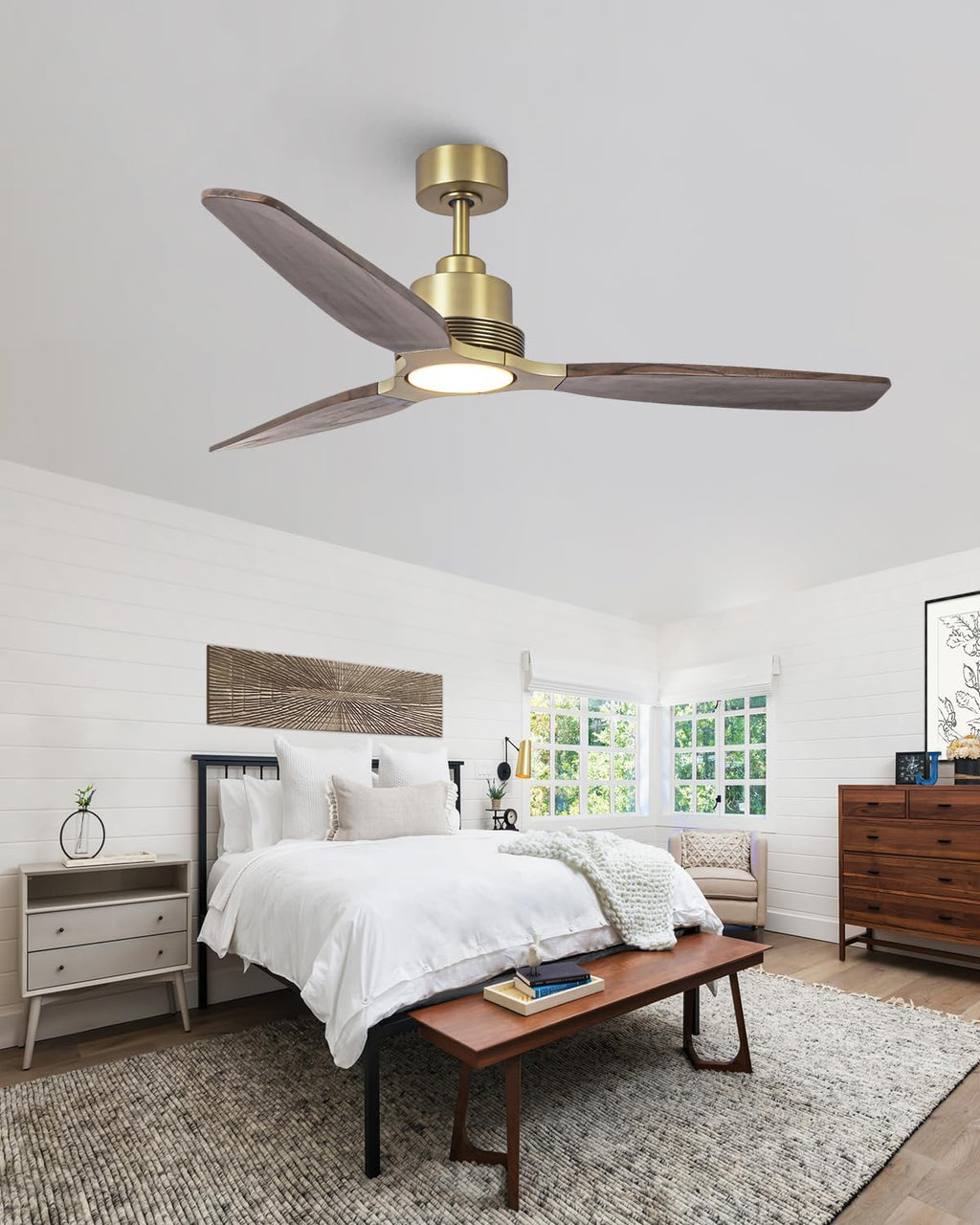 56 Inch Wood Ceiling Fan with Lights and Remote, Gold Brass Farmhouse Ceiling Fan, 3 Wood Blades, Dimmable LED, Quiet DC Motor, Reversible, Rustic Ceiling Fan for Living Room Bedroom