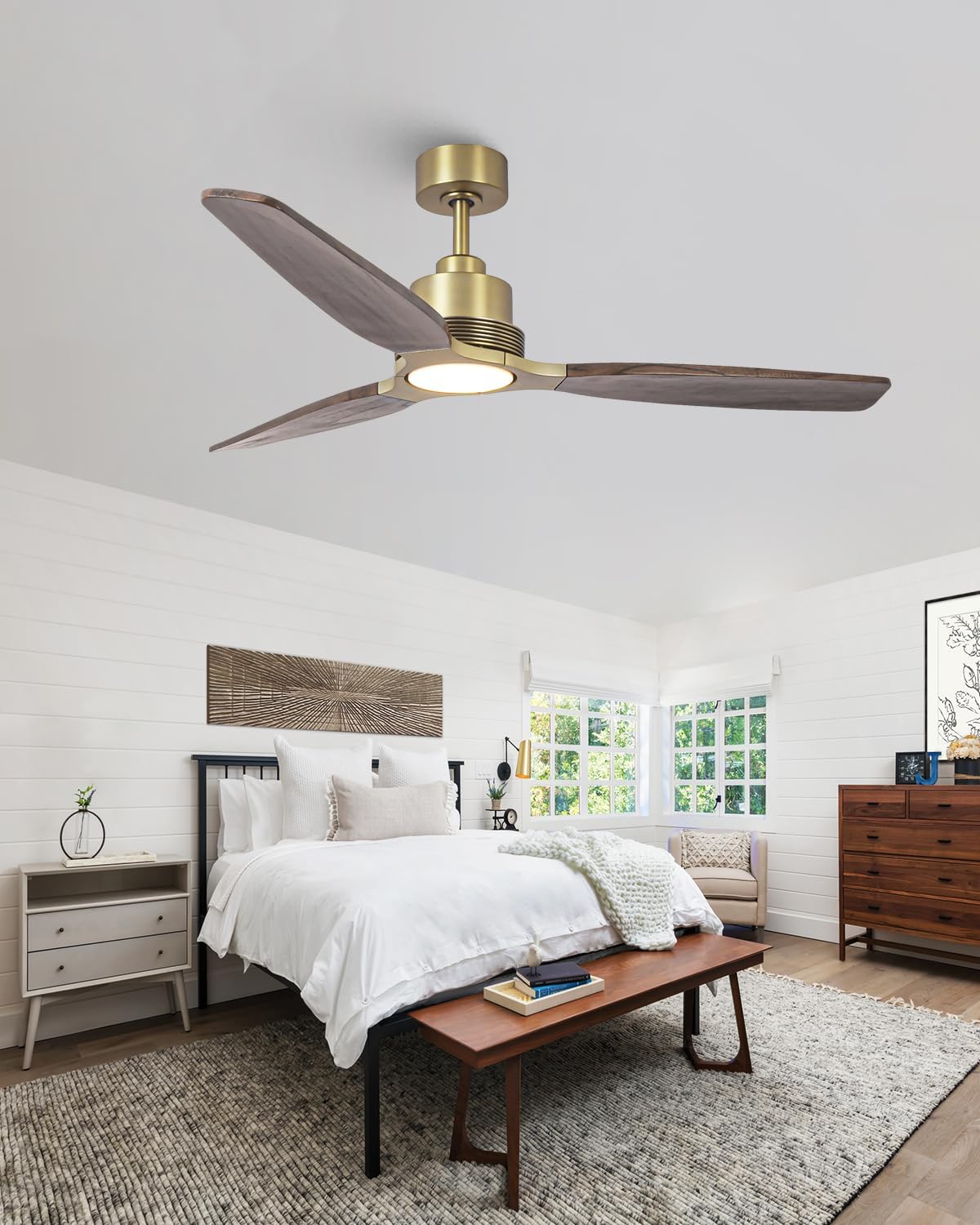 56 Inch Wood Ceiling Fan with Lights and Remote, Gold Brass Farmhouse Ceiling Fan, 3 Wood Blades, Dimmable LED, Quiet DC Motor, Reversible, Rustic Ceiling Fan for Living Room Bedroom