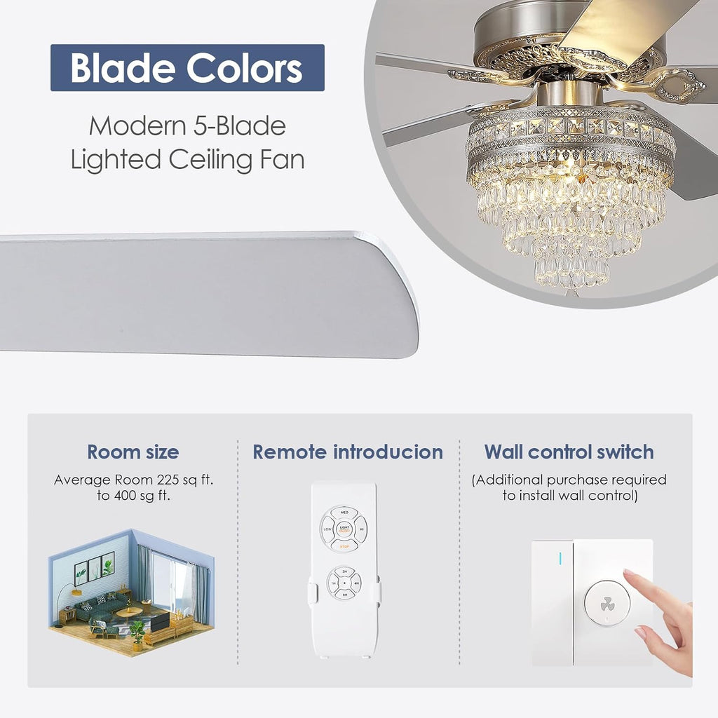 Asyko Crystal Ceiling Fan Fandelier with Lights and Remote Control，52' Modern Silver Chandelier Ceiling Fans with Reversible Blades, Silent Motor，Fandelier Ceiling Fan with Light Chrome