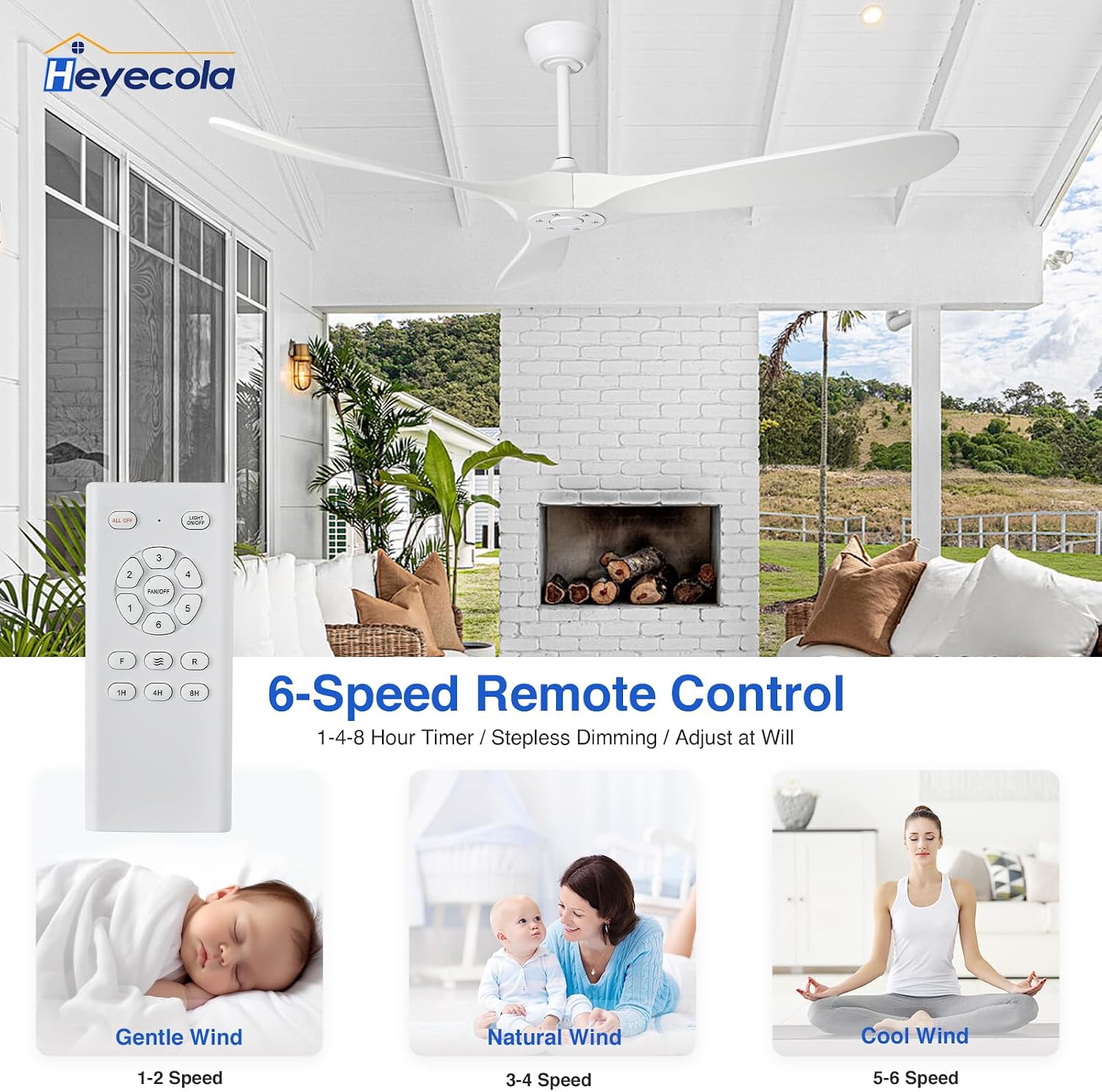 Ceiling Fans Without Light,60 Inch Outdoor Ceiling Fans no Light, 3 Blade Solid Wood Ceiling Fan with Remote Control for Patios Living Room Bedroom Porch. (White Blades + White Body, 60inch)