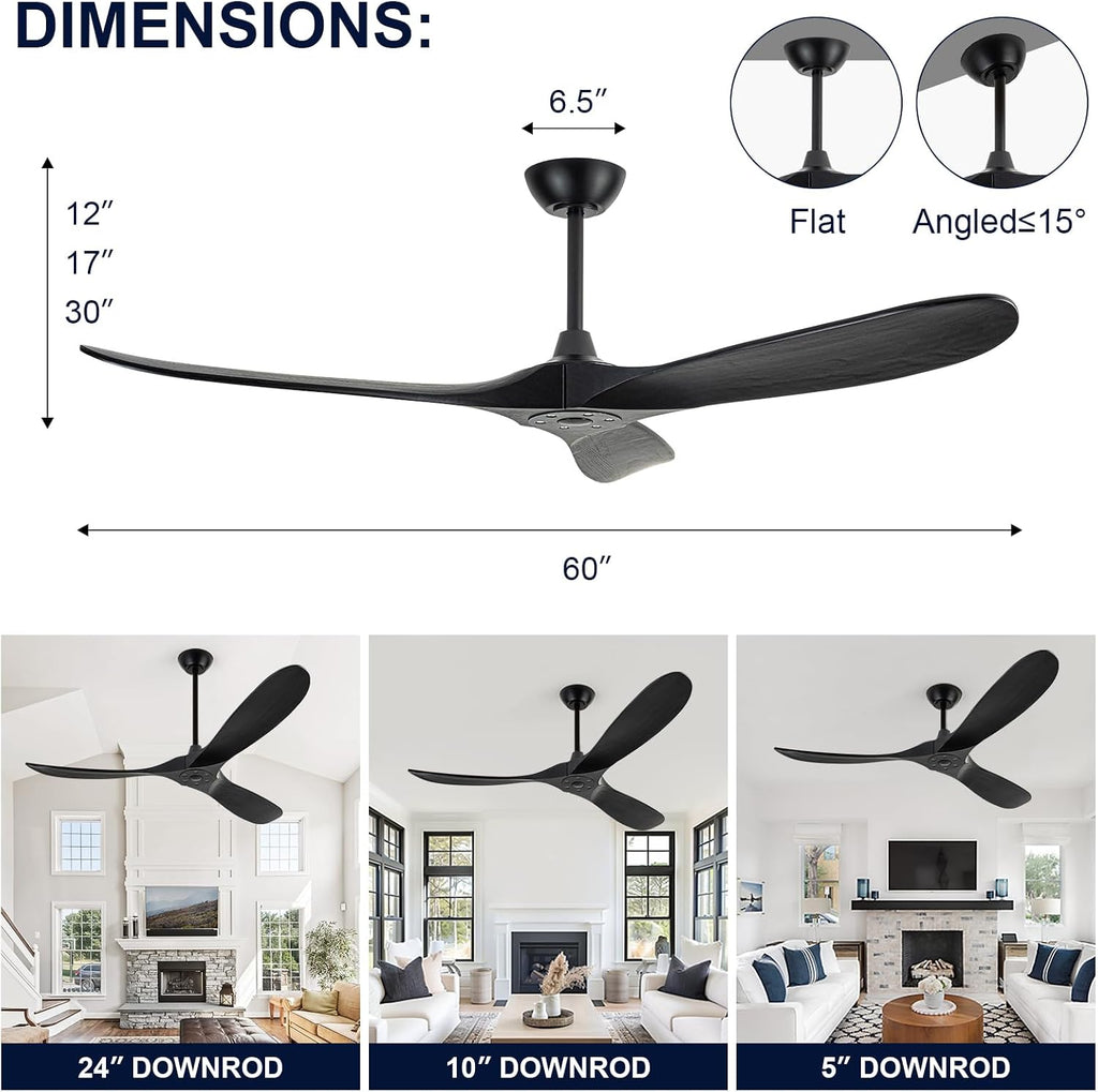 60 inch Ceiling Fans Without Lights, Wet Rated Black Outdoor Ceiling Fans for Patios Outside Porch, 3 Blade Wood Ceiling Fan no Light with Remote Control, High CFM 6 Speeds, Quiet DC Motor