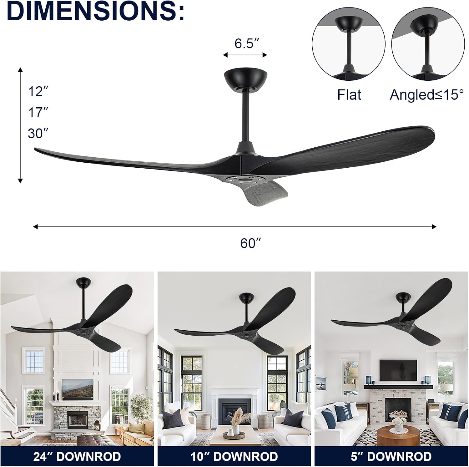 60 inch Ceiling Fans Without Lights, Wet Rated Black Outdoor Ceiling Fans for Patios Outside Porch, 3 Blade Wood Ceiling Fan no Light with Remote Control, High CFM 6 Speeds, Quiet DC Motor