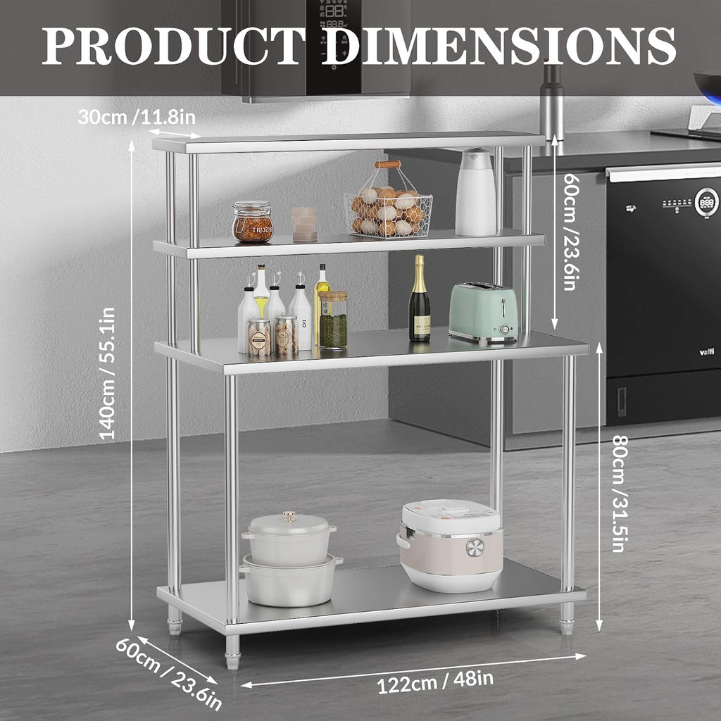 Garvee 48 in x24 in Stainless Steel Table with Shelves, Commercial Kitchen Prep Table with 2 Tier Overshelf, Heavy Duty Metal Worktable for Home Kitchen Restaurant Garage Warehouse